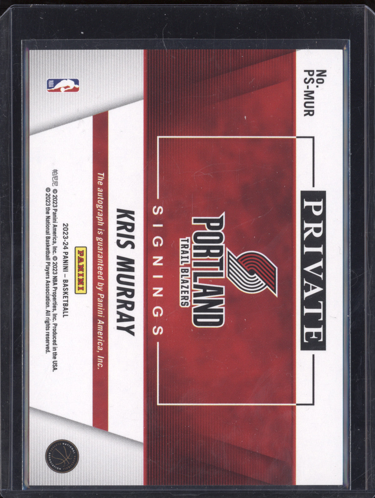 Kris Murray 2023-24 Panini Private Signings PS-MUR Autograph RC
