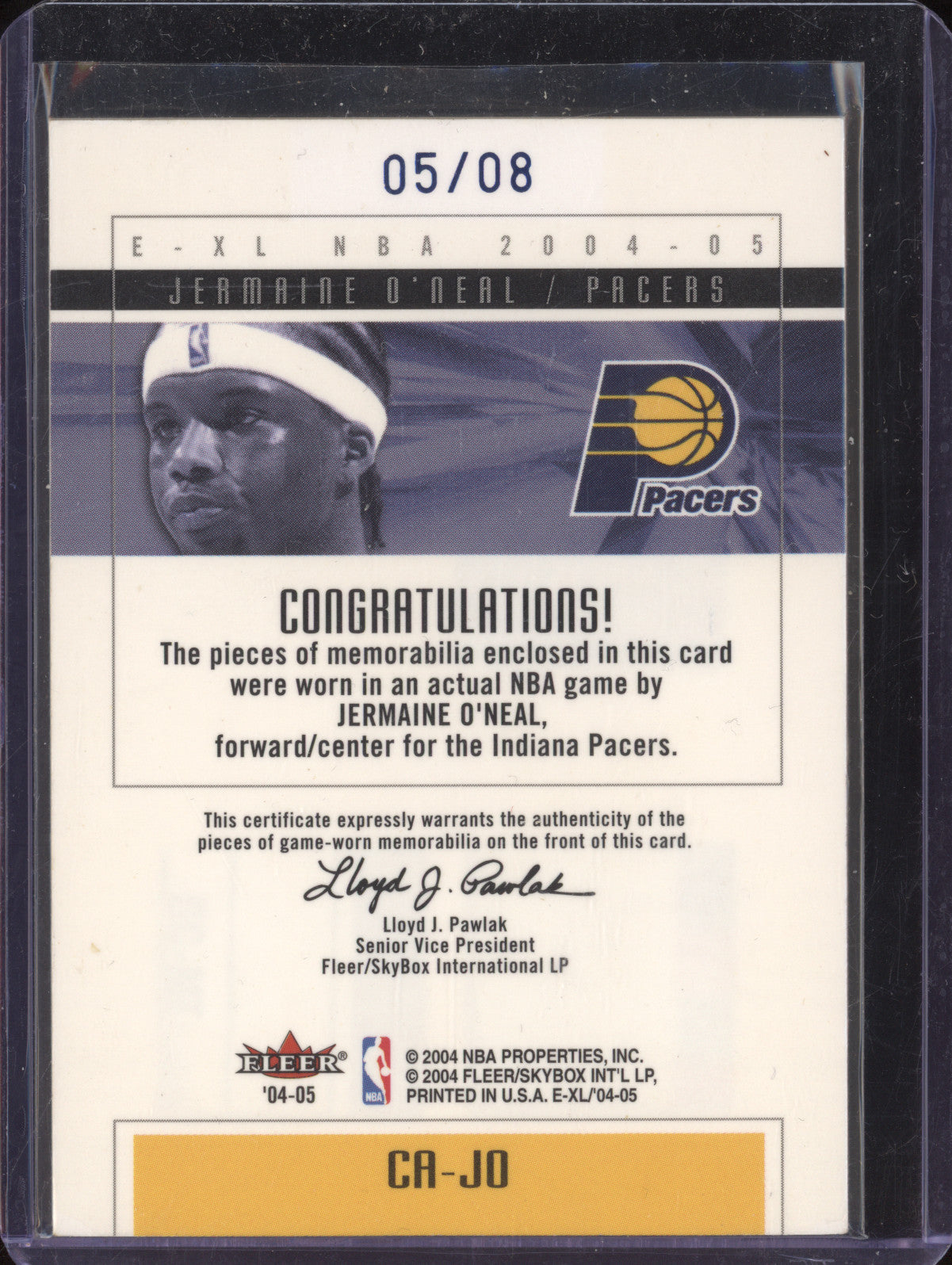 Jermaine O'Neal 2004-05 Fleer E-XL NBA CA-JO Court Authentics Triple Patch 5/8