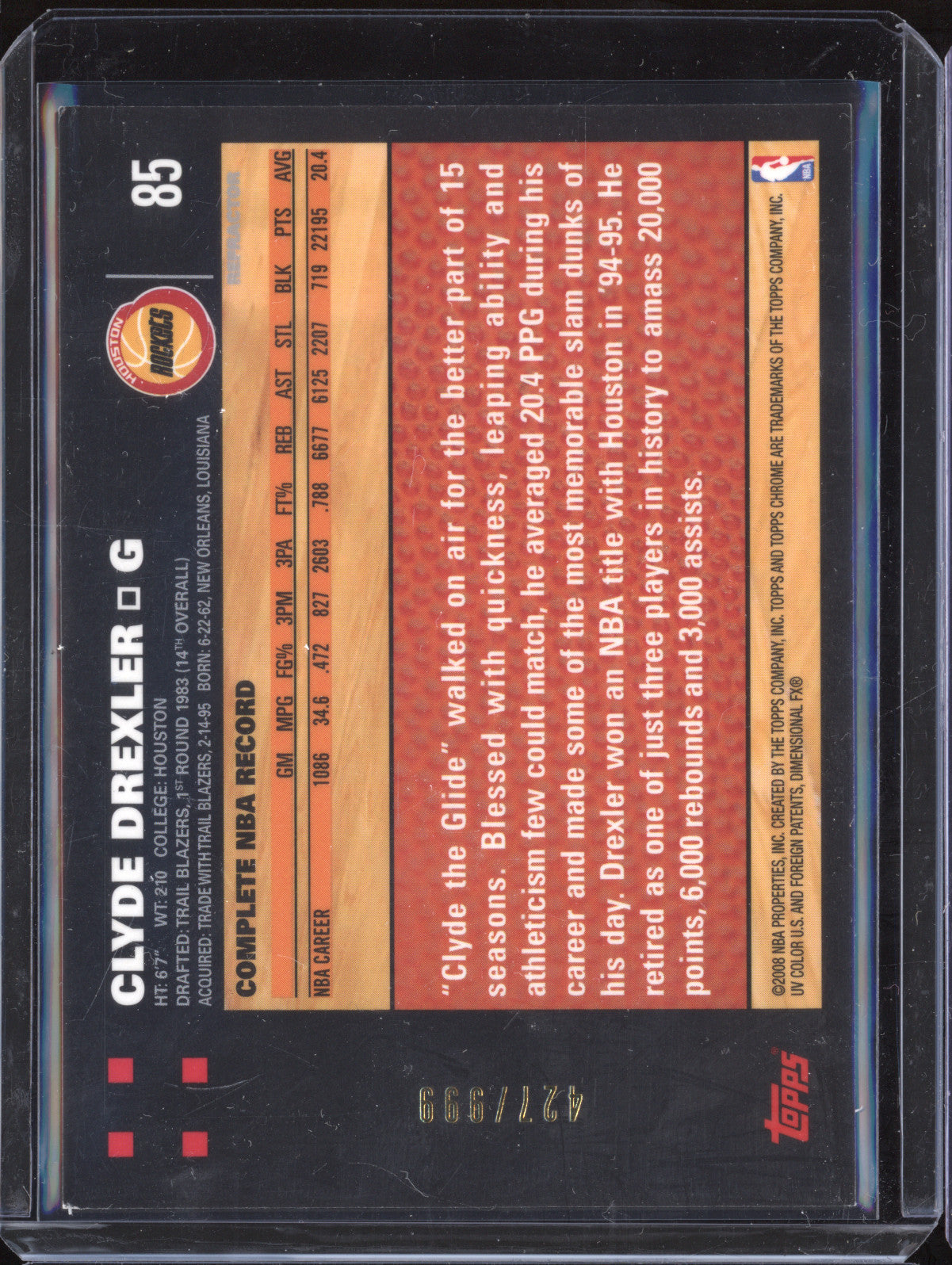 Clyde Drexler 2008 Topps Chrome 85 Refractor 427/999