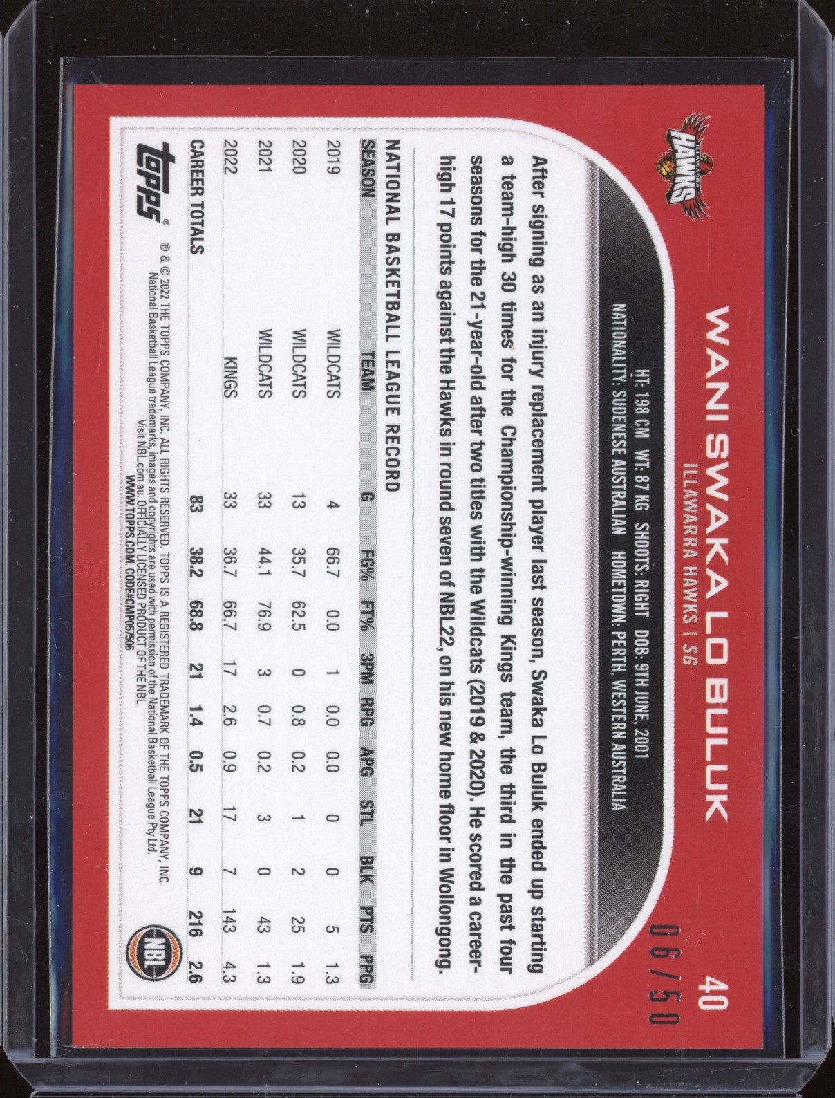 Wani Swaka Lo Buluk 2023 Topps NBL 40 Gold 6/50