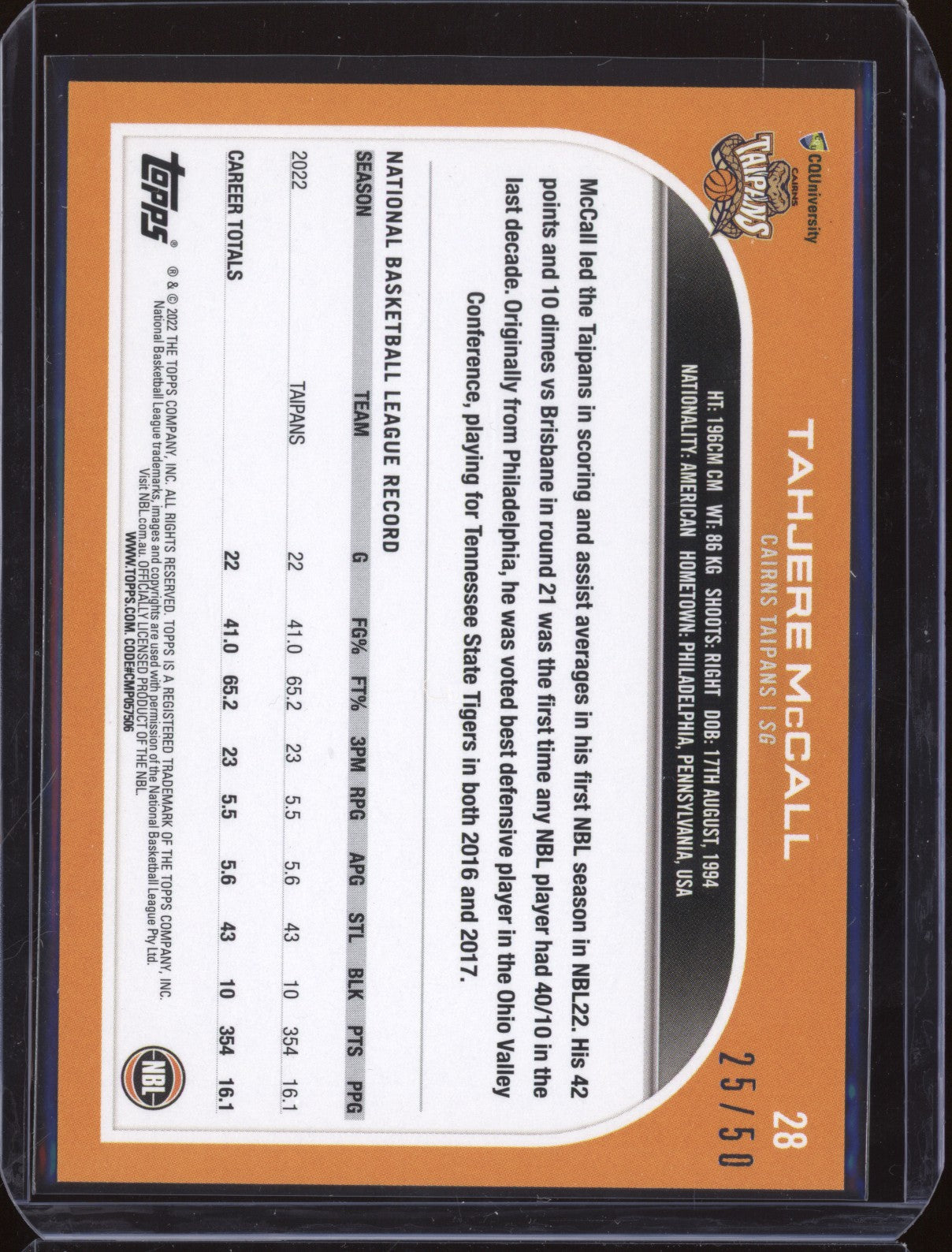 Tahjere McCall 2023 Topps NBL 28 Gold 25/50