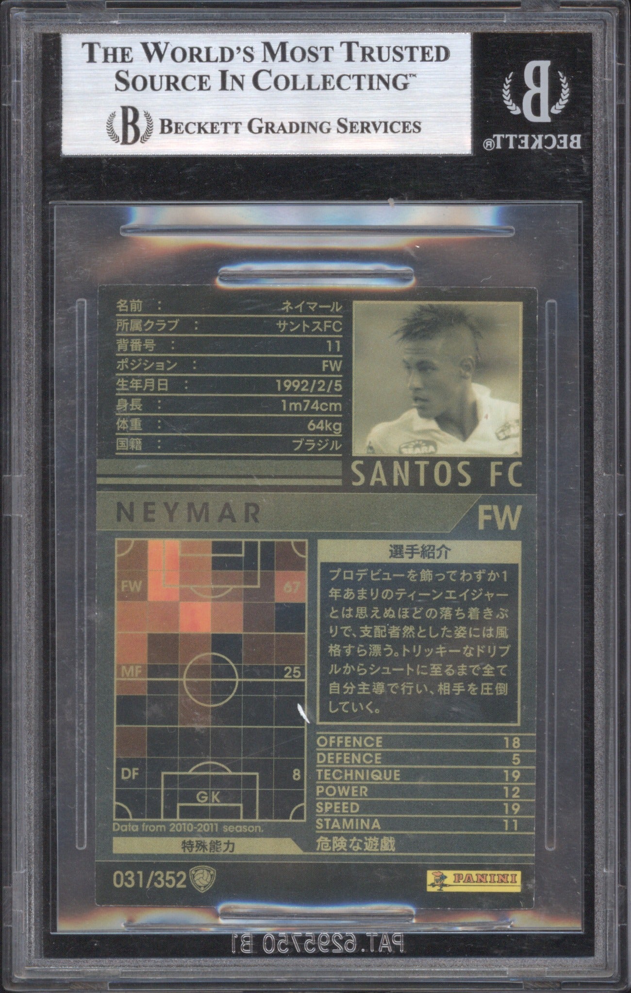 Neymar 2010 Panini Sega WCCF Intercontinental Clubs #31 BGS 8.5