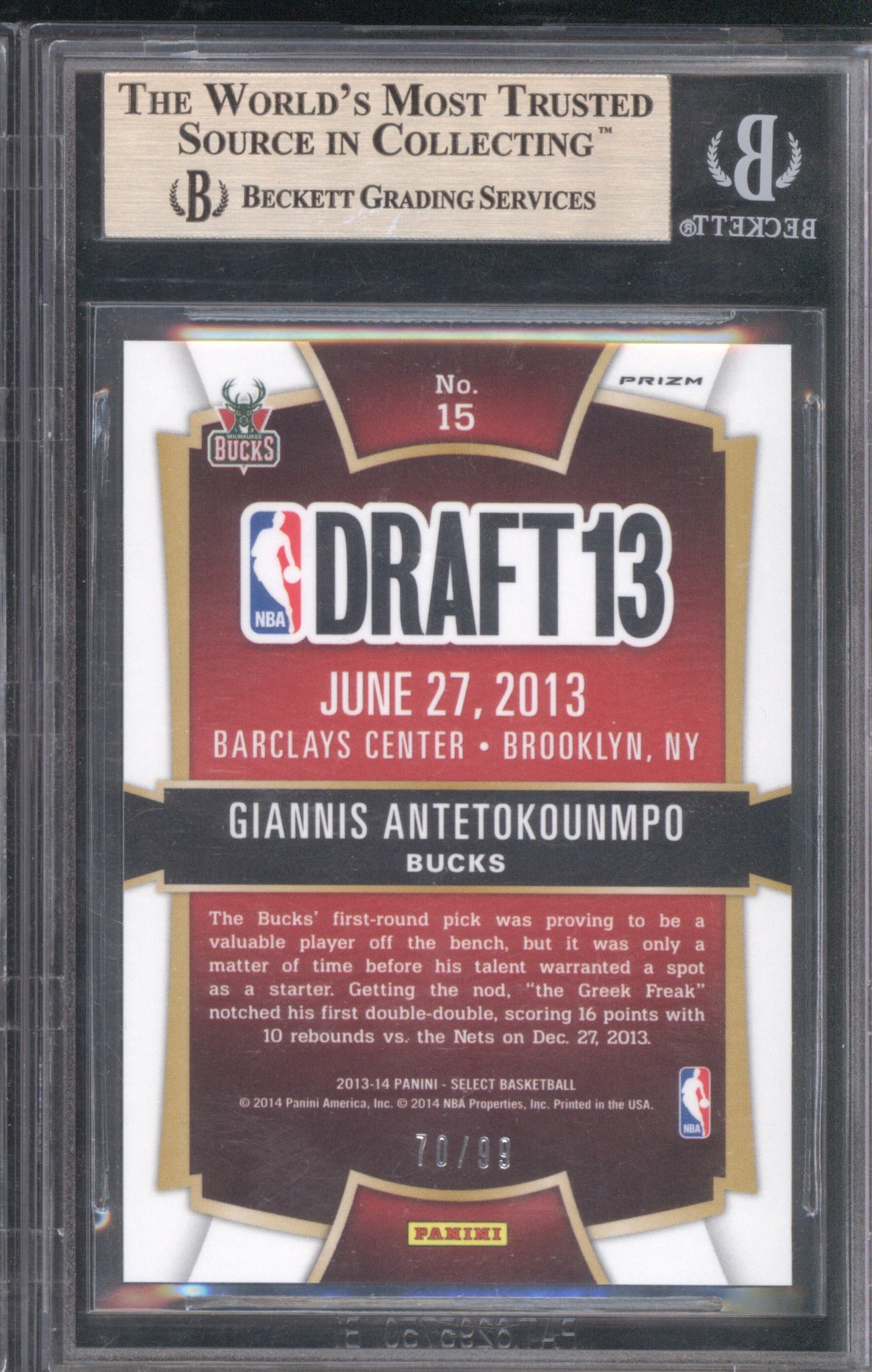 Giannis Antetokounmpo 2013 Panini Select #15 Draft Selections Purple Prizm 9.5