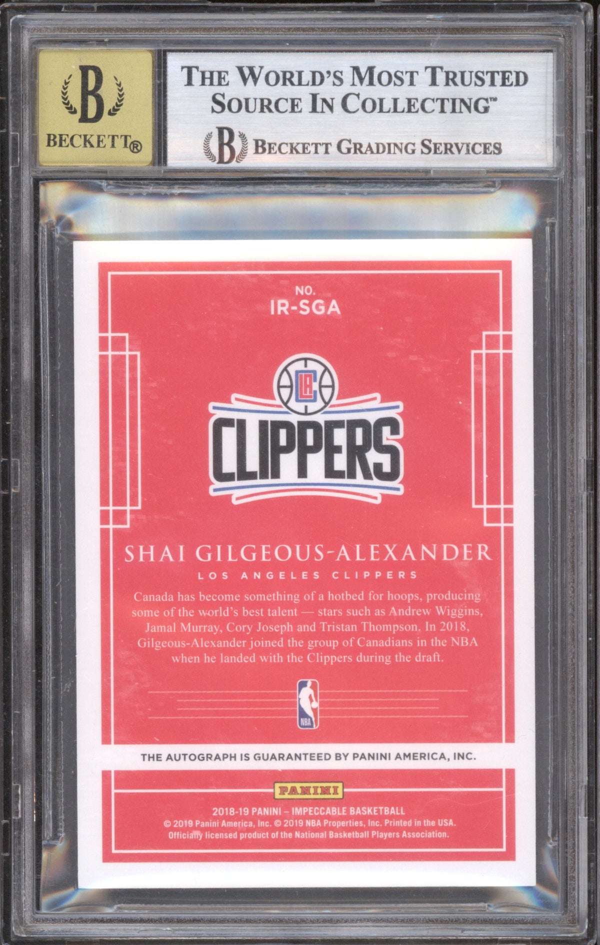 Shai Gilgeous-Alexander Panini Impeccable IR-SGA Auto 71/99 BGS 8.5 Auto 10