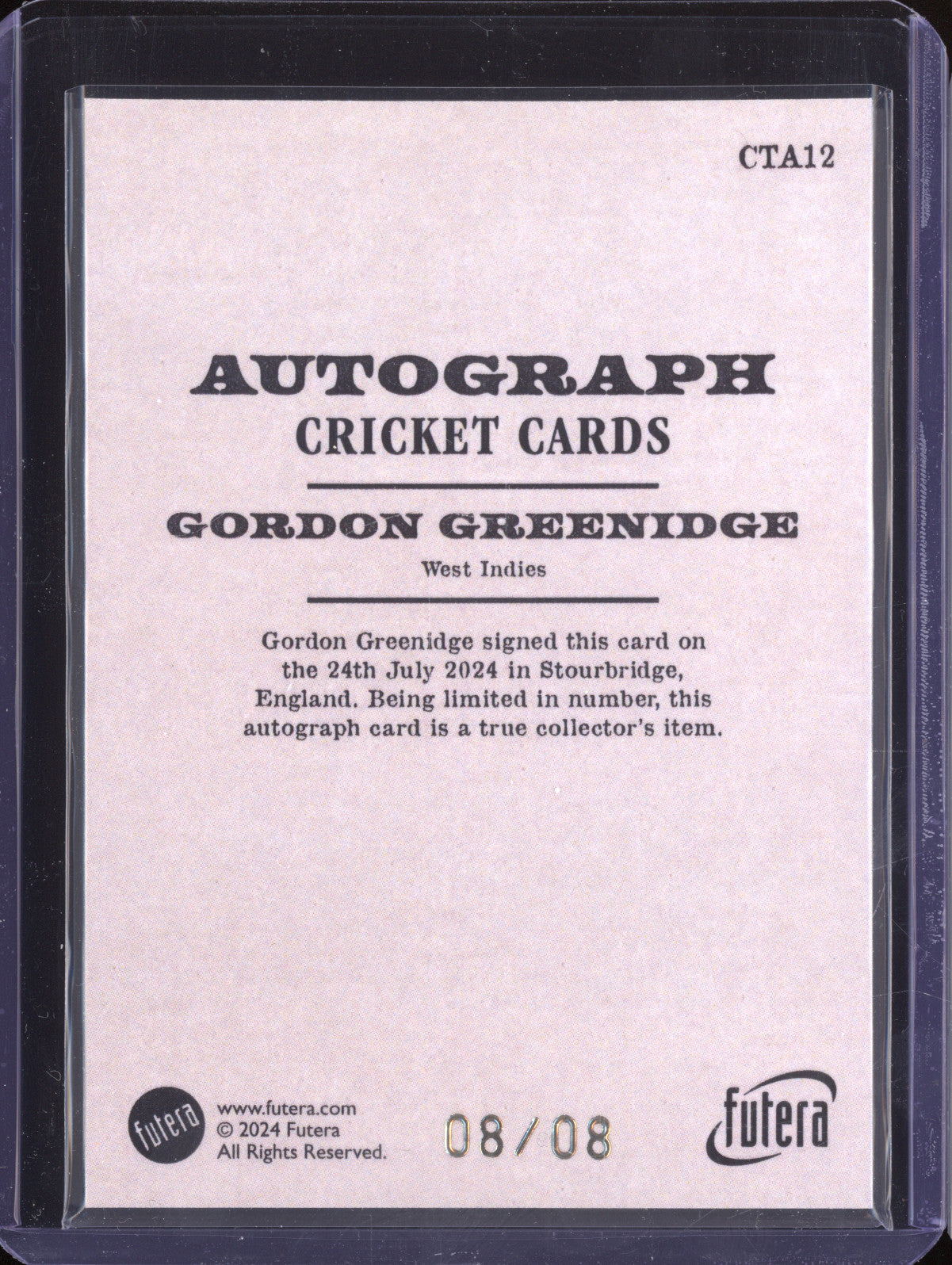 Gordon Greenidge 2024 Futera Vintage Cricket CTA12 Taddies Auto 8/8
