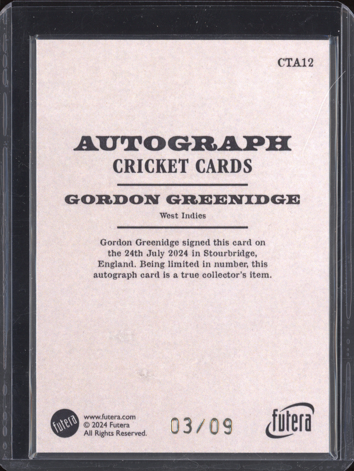 Gordon Greenidge 2024 Futera Vintage Cricket CTA12 Taddies Autograph 3/9