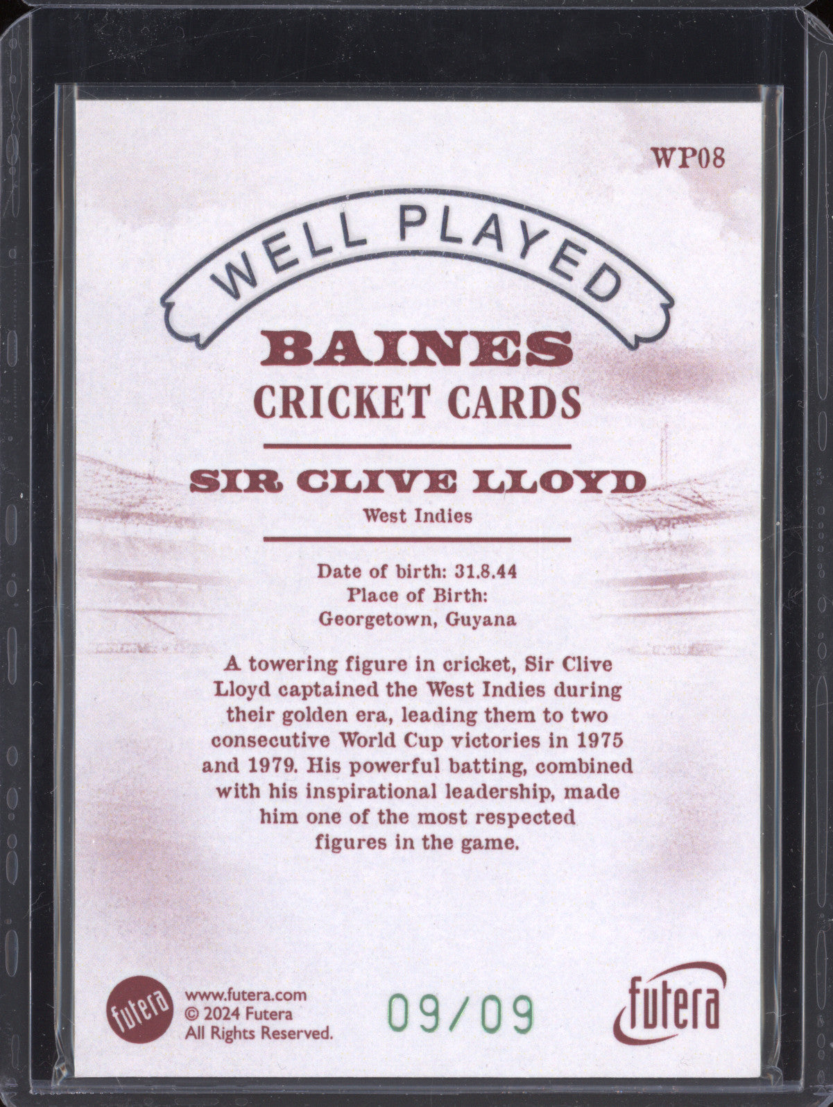 Sir Clive Lloyd 2024 Futera Vintage Cricket WP08 Well Played 9/9