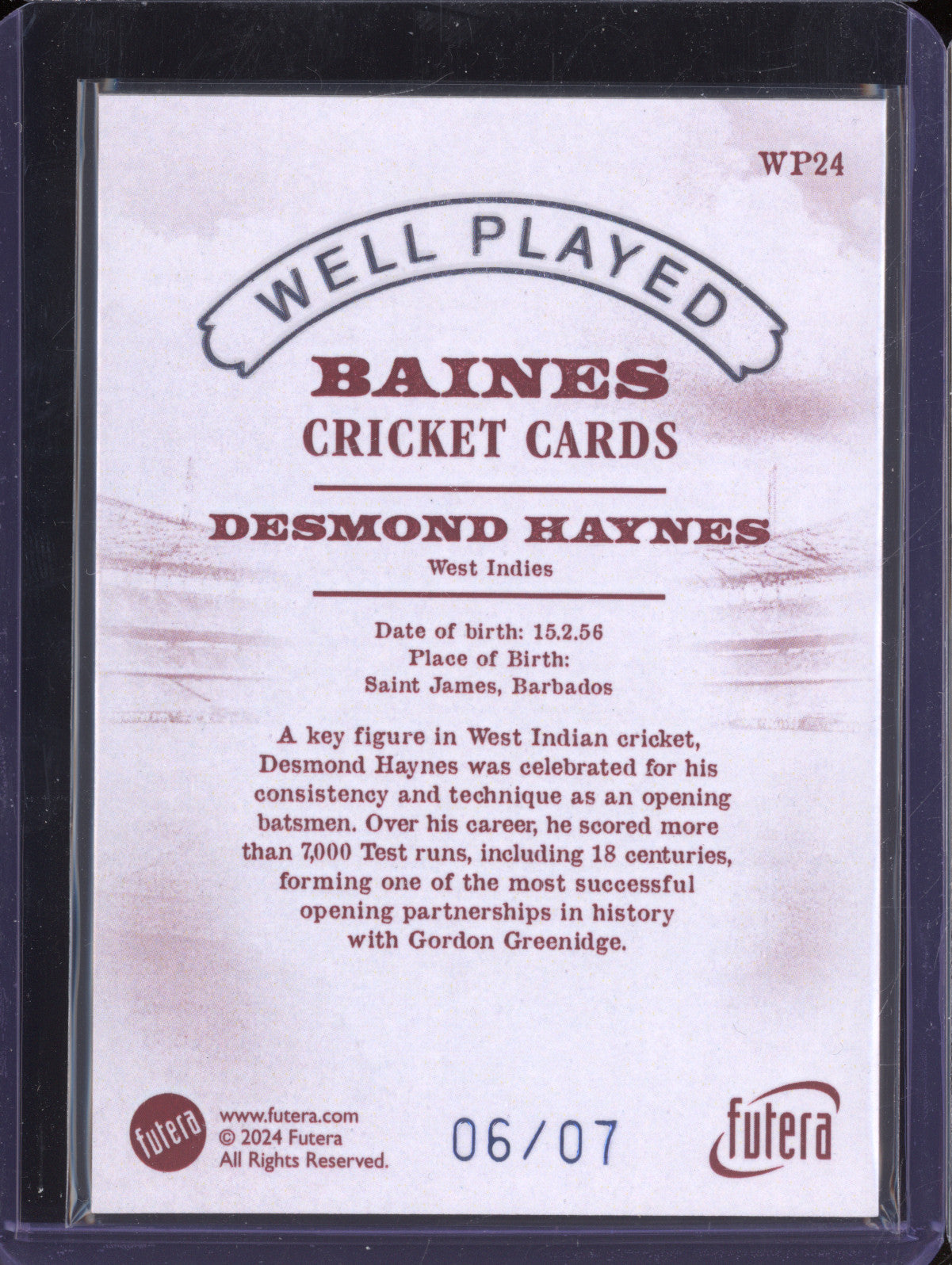 Desmond Haynes 2024 Futera Vintage Cricket WP24 Well Played 6/7