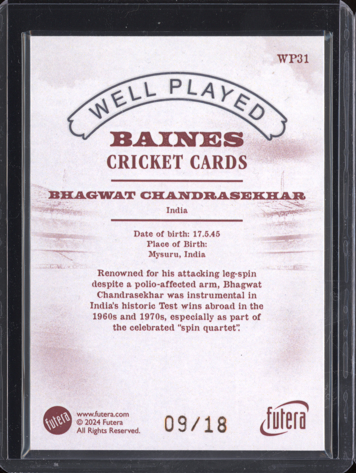 Bhagwat Chandrasekhar 2024 Futera Vintage Cricket WP31 Well Played 9/18