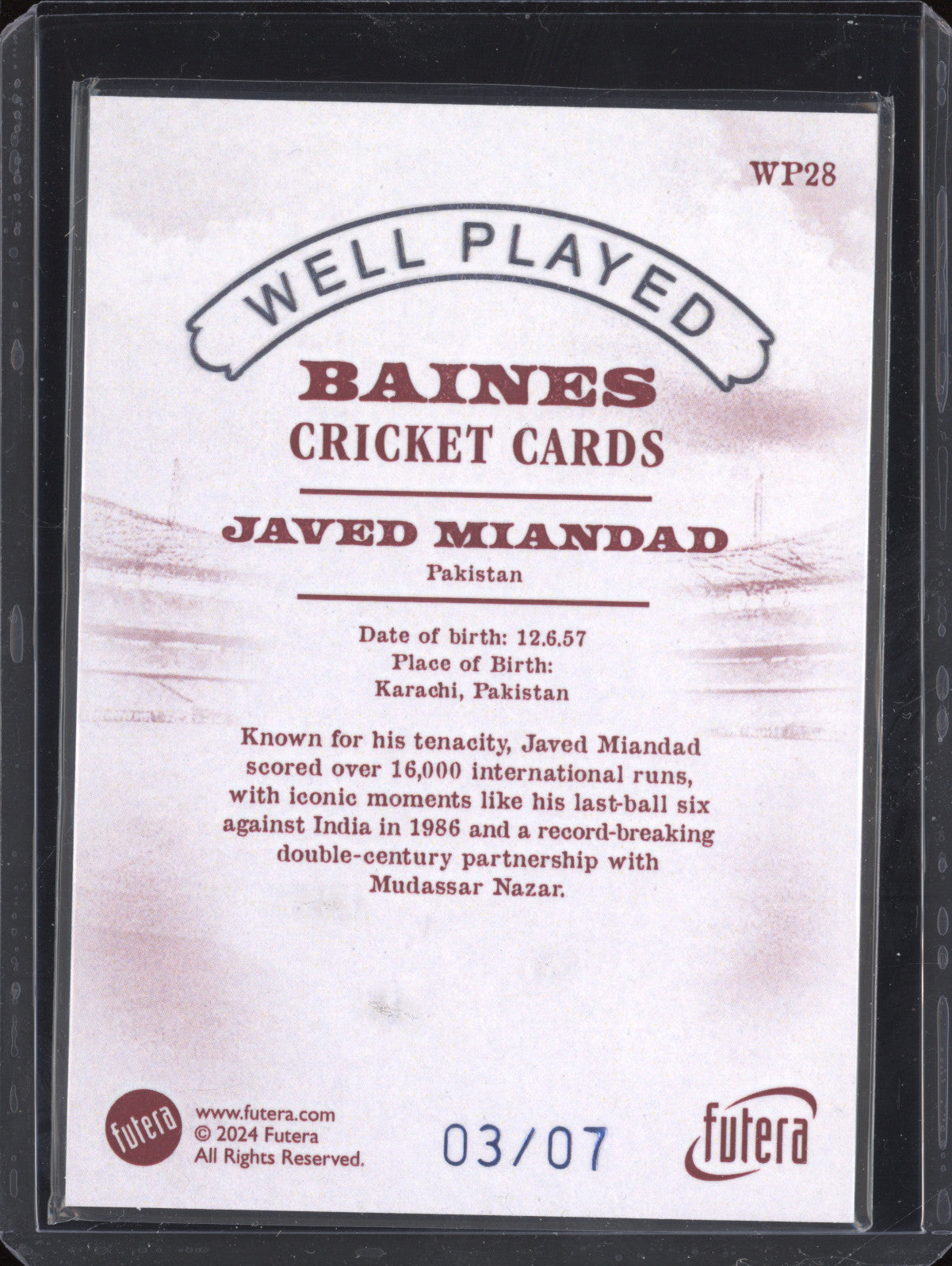 Javed Miandad 2024 Futera Vintage Cricket WP28 Well Played 3/7