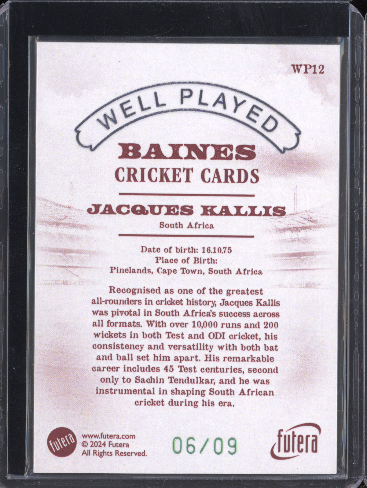 Jacques Kallis 2024 Futera Vintage Cricket WP12 Well Played 6/9
