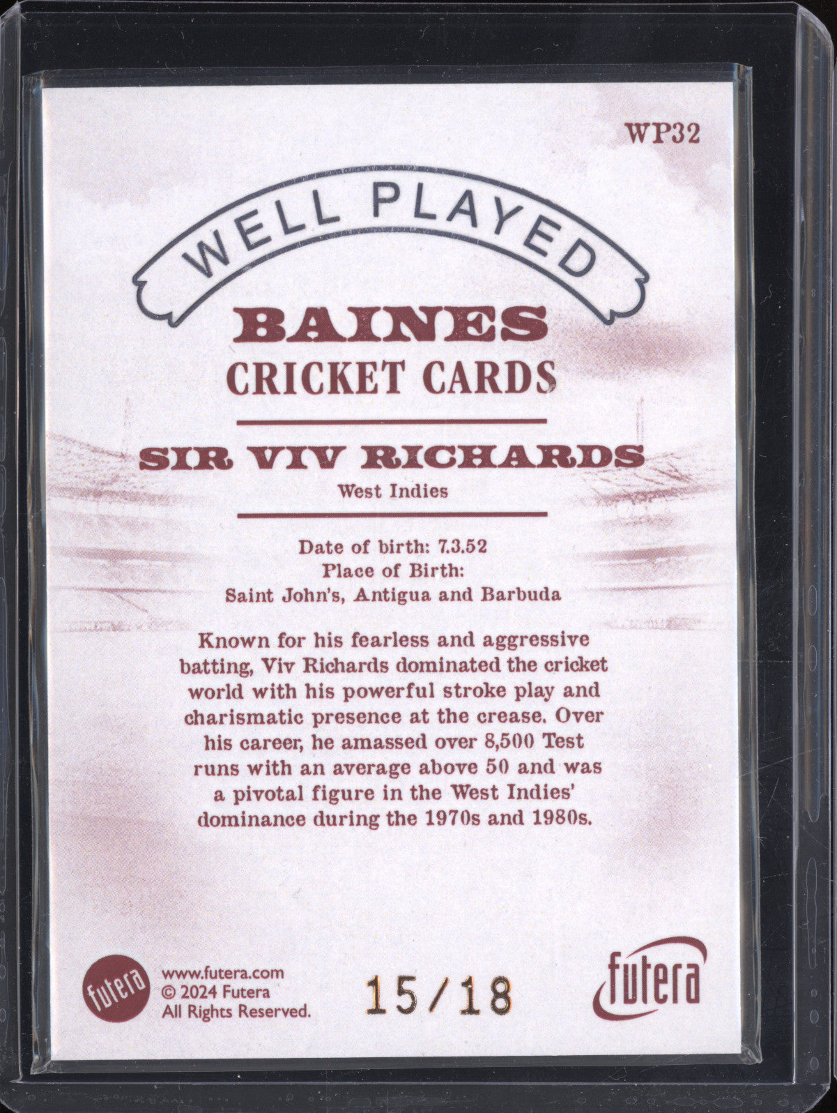 Sir Viv Richards 2024 Futera Vintage Cricket WP32 Well Played 15/18