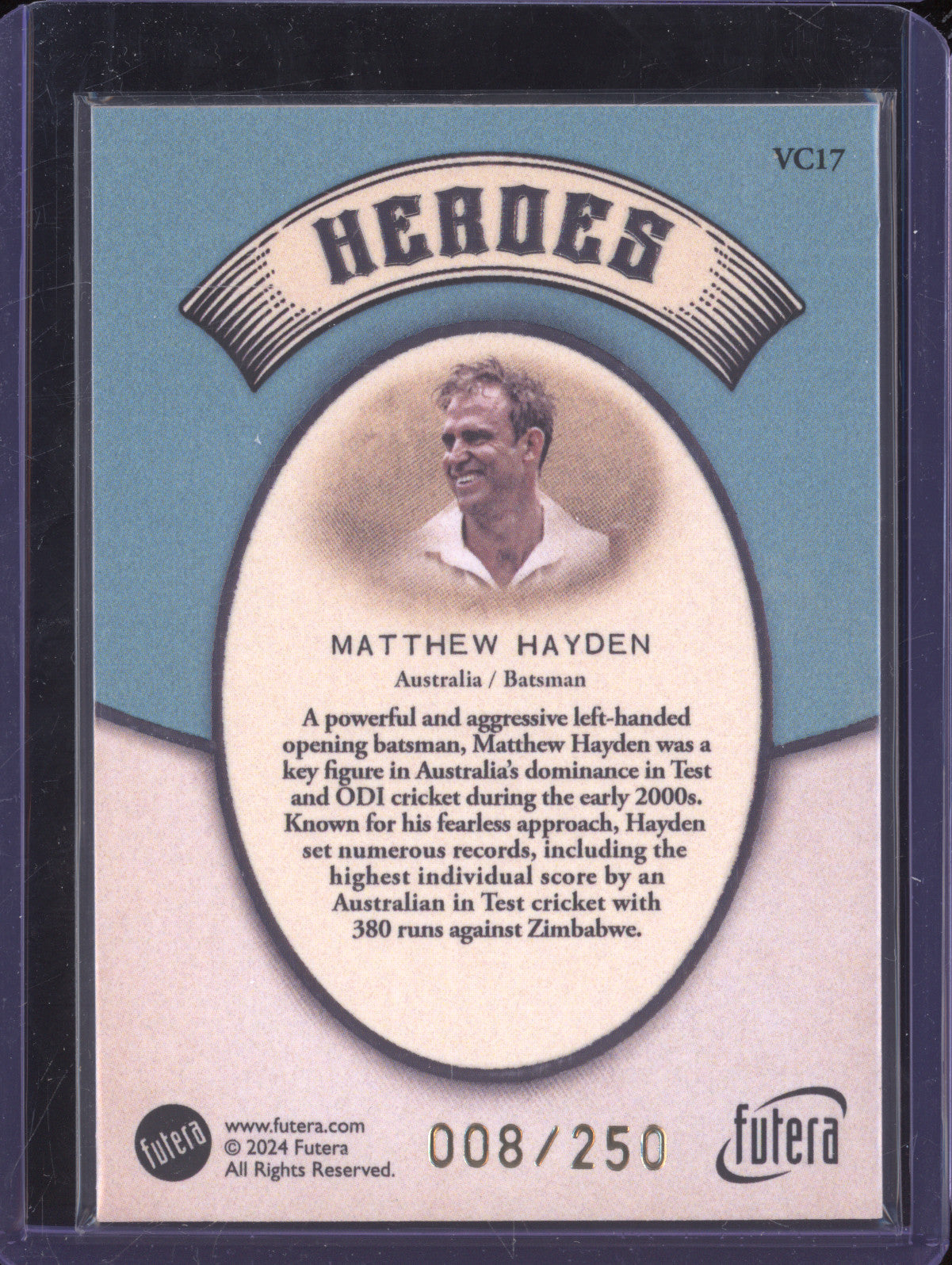 Matthew Hayden 2024 Futera Vintage Cricket VC17 Heroes 8/250