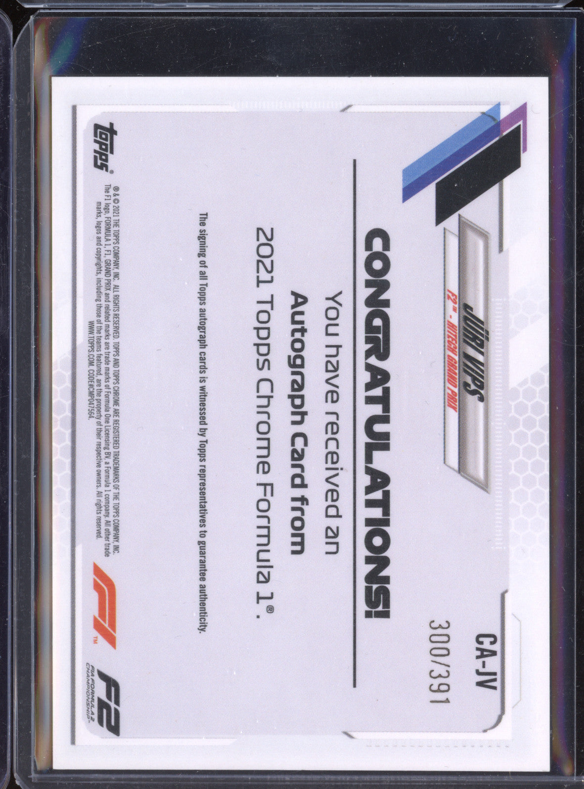 Juri Vips 2021 Topps Chrome F1 CA-JV Refractor Auto 300/391