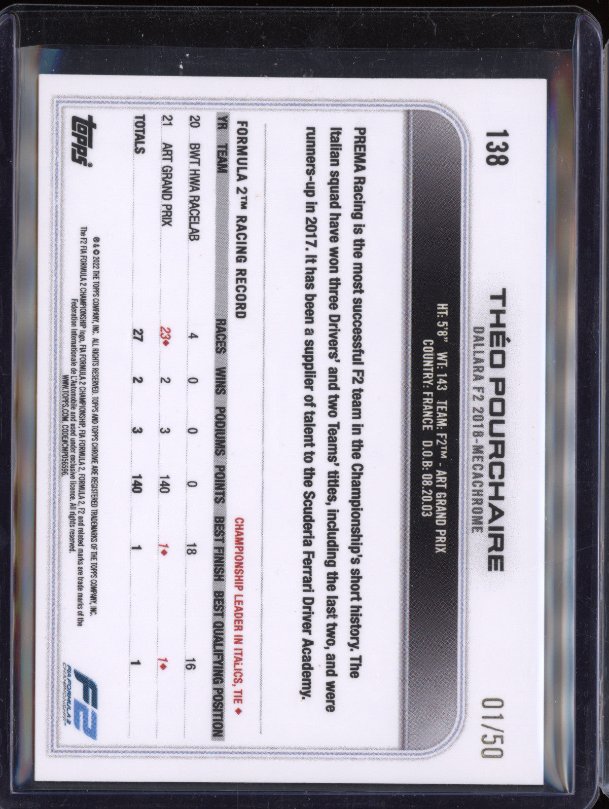 Theo Pourchaire 2022 Topps Chrome F1 138 Gold Checker Flag 1/50