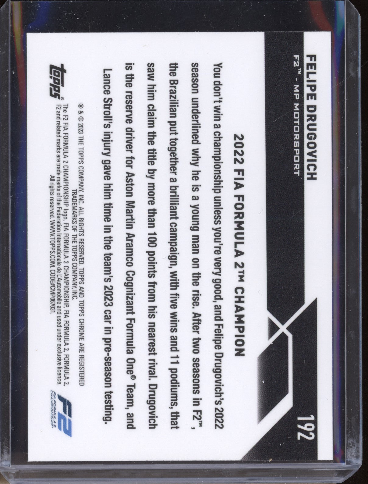 Felipe Drugovich 2023 Topps Chrome Formula 1 192 Fuschia Lava 43/250