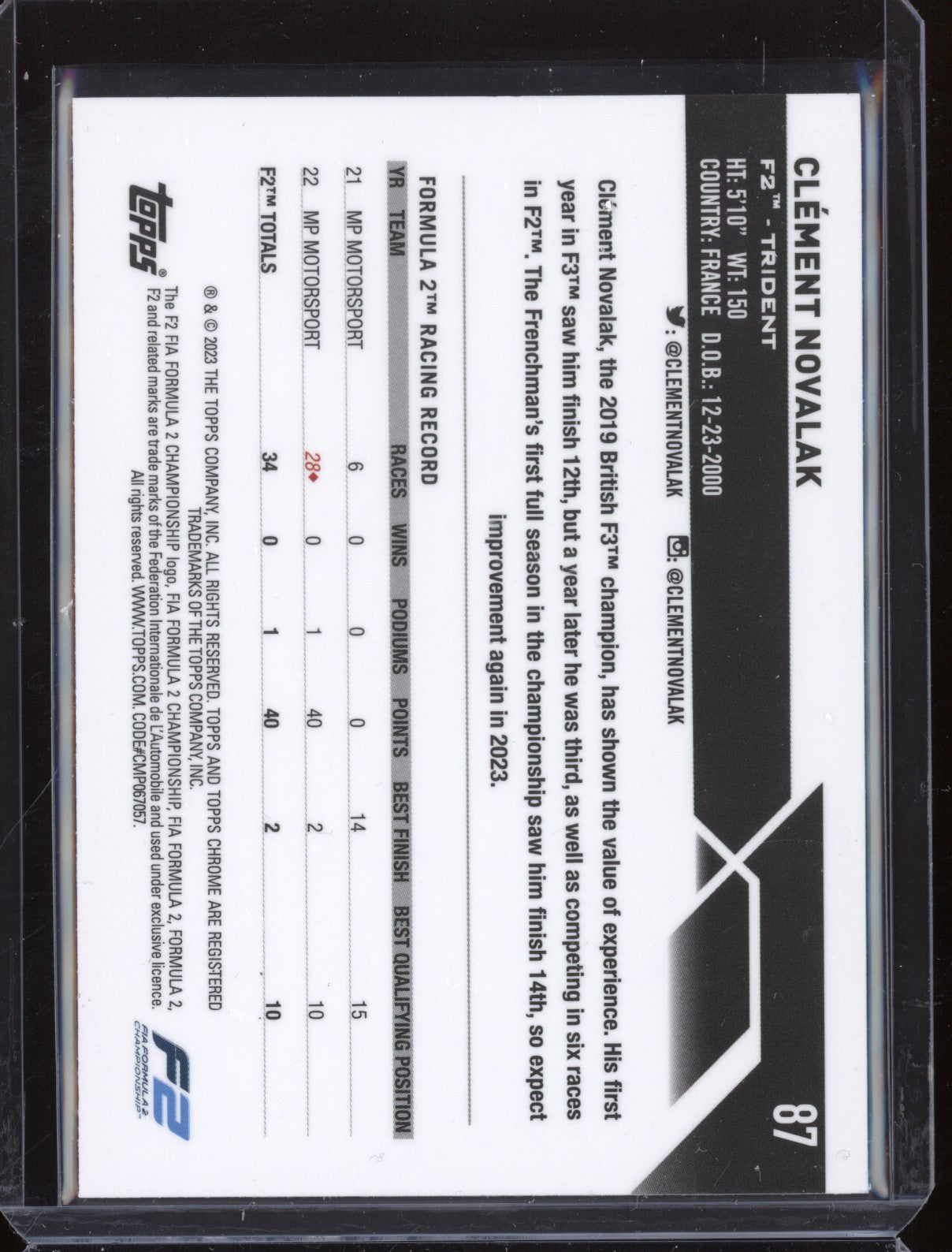 Clement Novalak 2023 Topps Chrome Formula 1 87 Purple 231/399