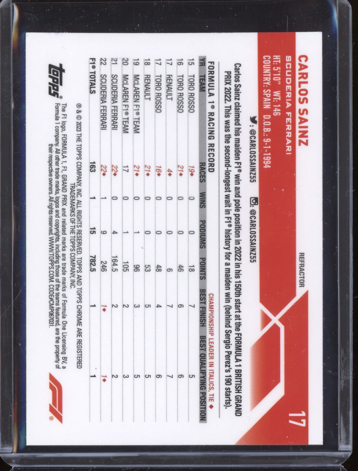 Carlos Sainz 2023 Topps Chrome Formula 1 17 Refractor