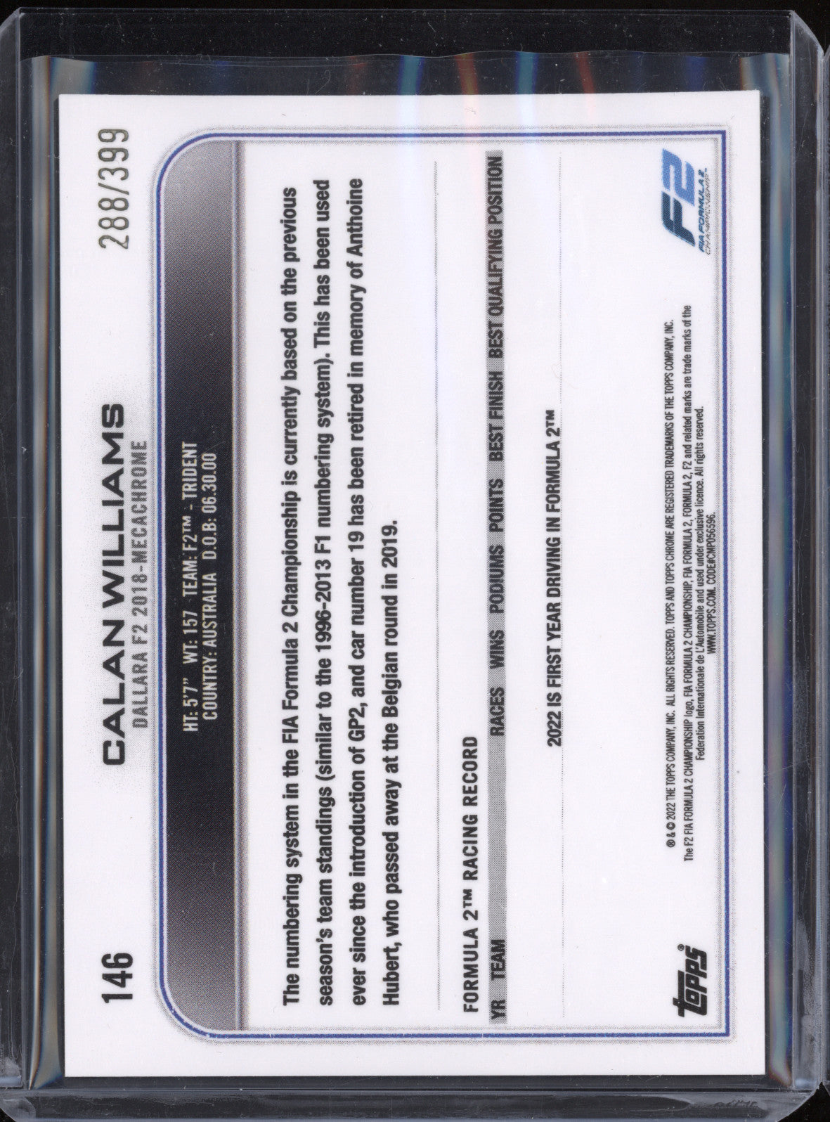 Calan Williams 2022 Topps Chrome F1 146 Purple 288/399