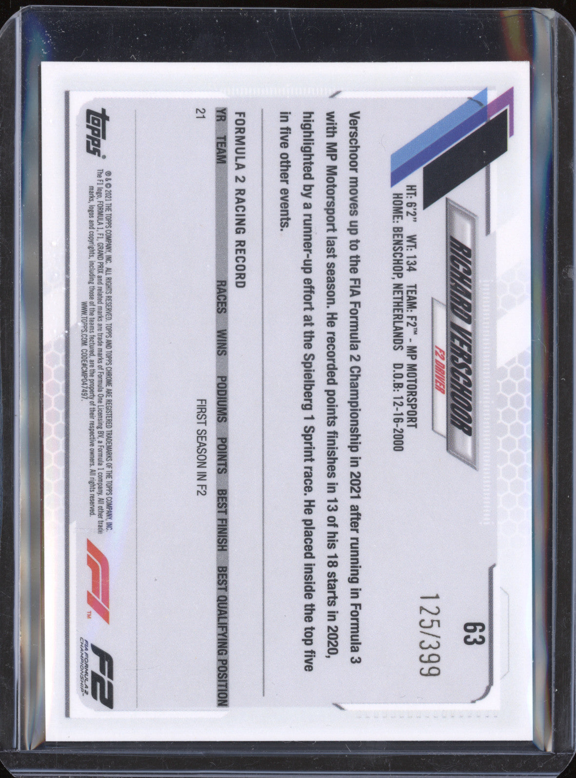 Richard Verschoor 2021 Topps Chrome F1 63 Purple 125/399