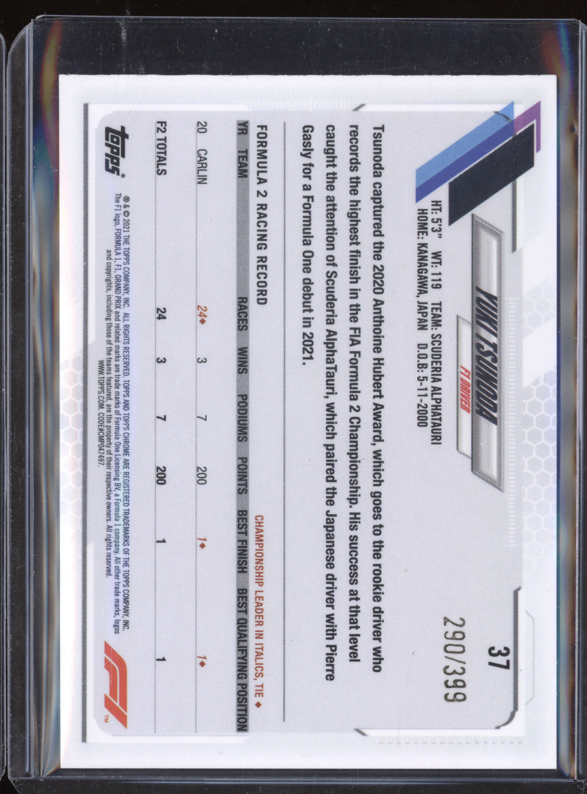 Yuki Tsunoda 2021 Topps Chrome F1 37 Purple 290/399