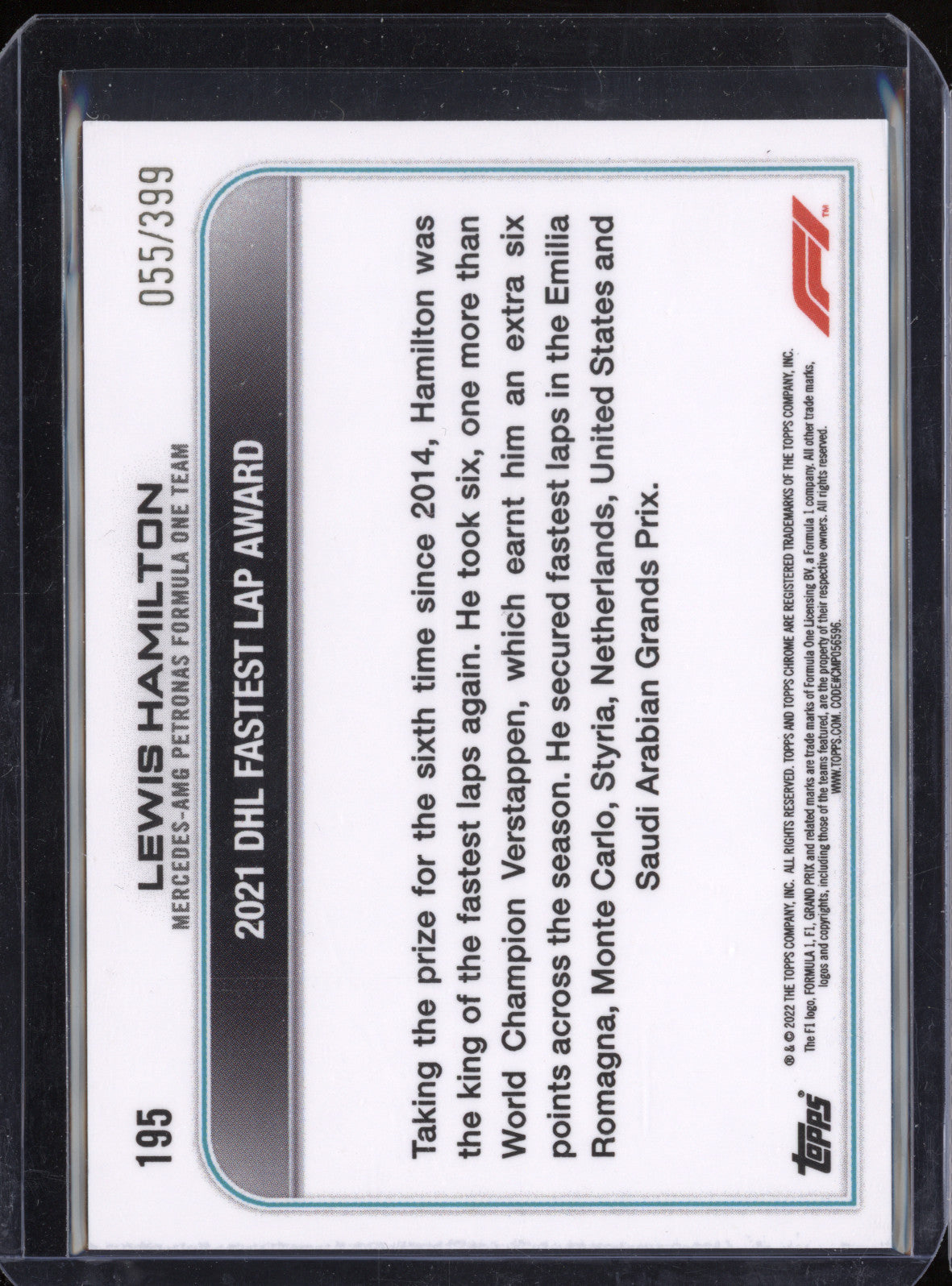Lewis Hamilton 2022 Topps Chrome F1 195 Purple 55/399