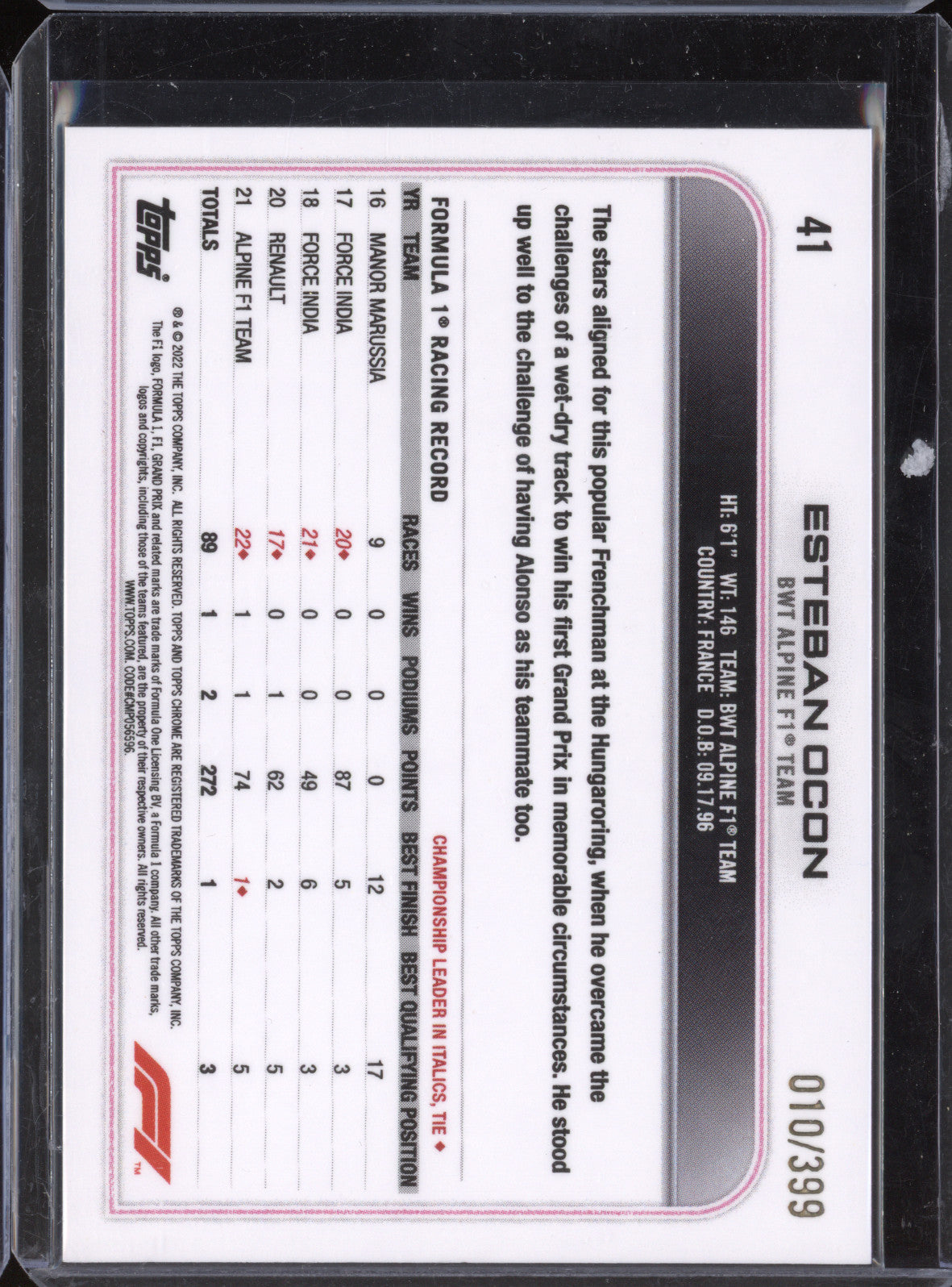 Esteban Ocon 2022 Topps Chrome F1 41 Purple 10/399