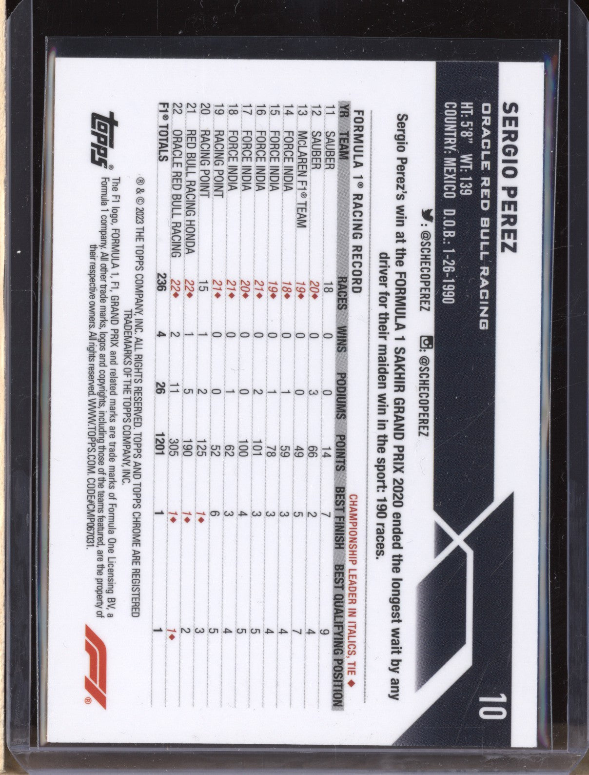 Sergio Perez 2023 Topps Chrome Formula 1 10 Orange Red