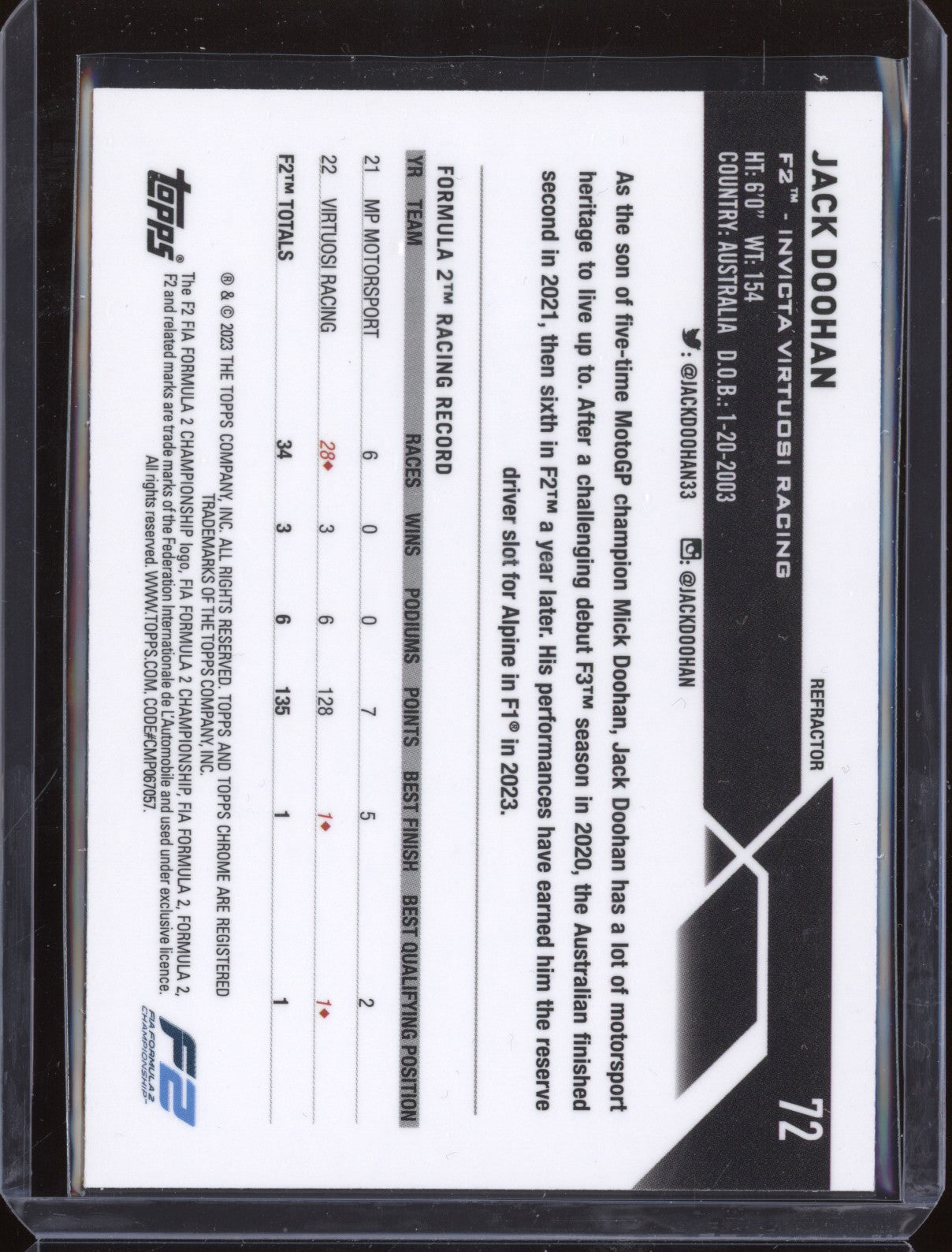 Jack Doohan 2023 Topps Chrome Formula 1 72 Refractor