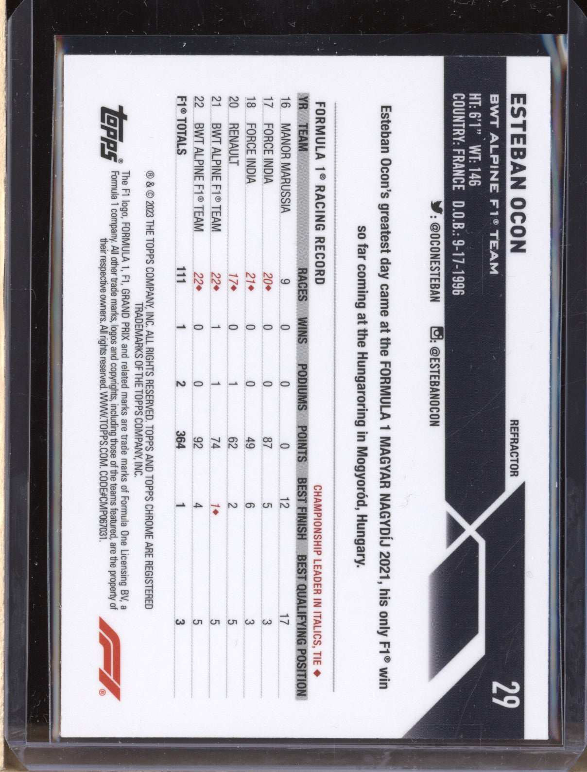 Esteban Ocon 2023 Topps Chrome Formula 1 29 Refractor