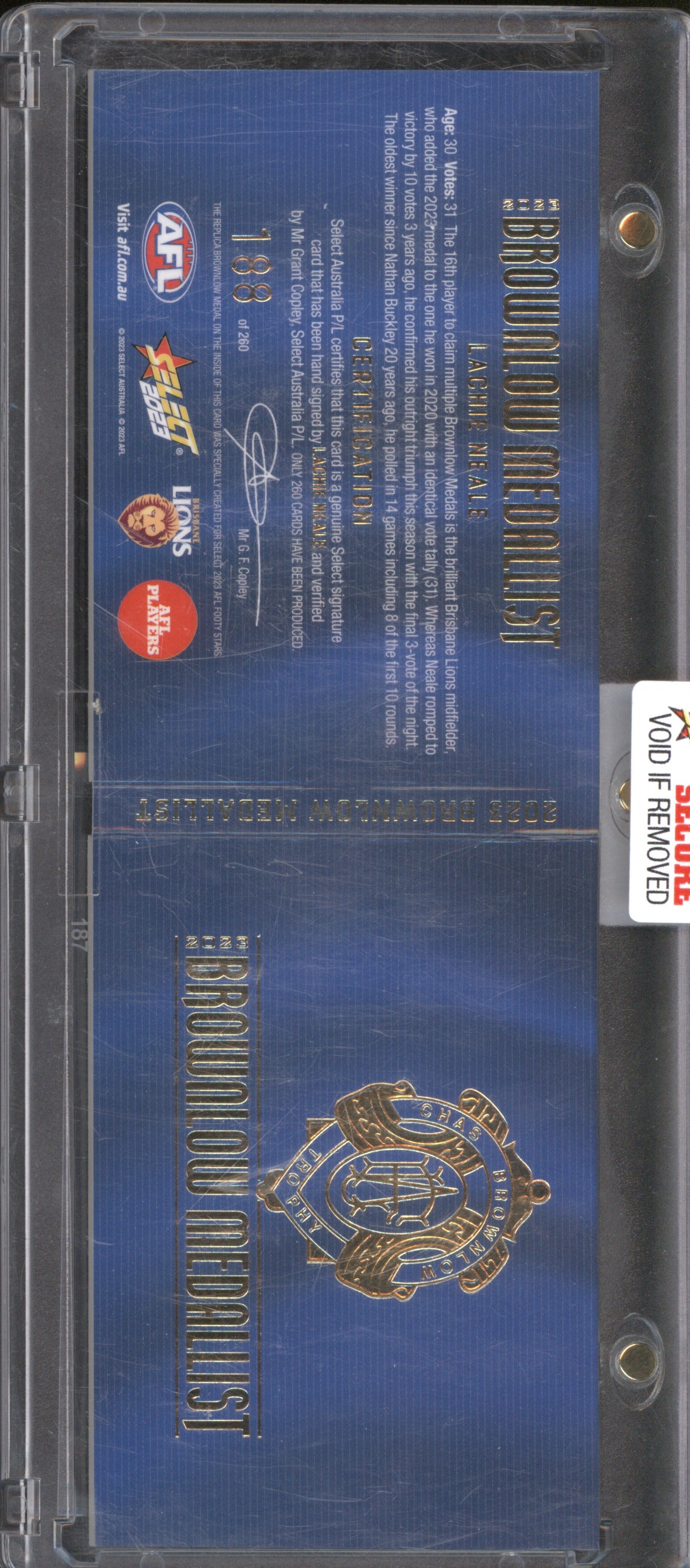 2023 Select AFL Footy Stars BPG8 Lachie Neale Brownlow Medallist Signature /260