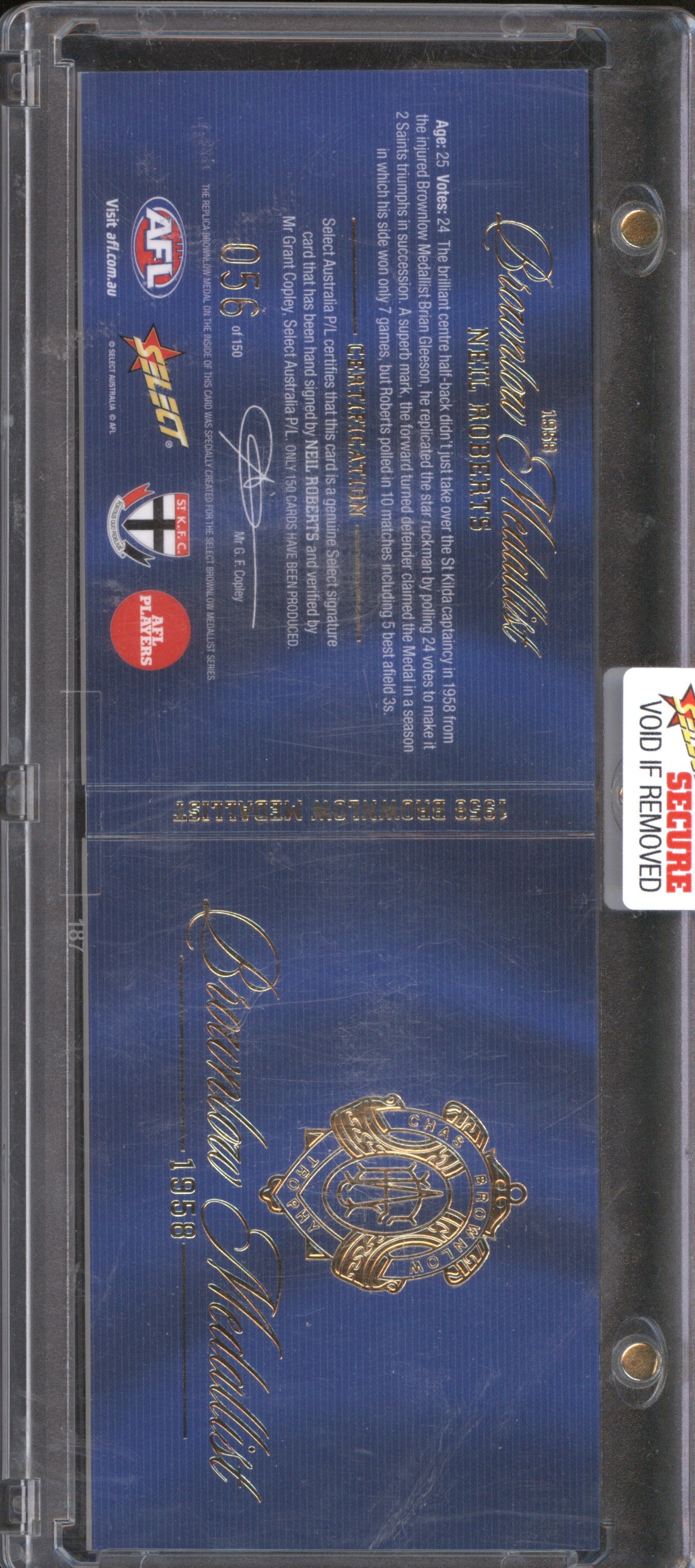 2024 Select Brownlow Medallist Series 1958 Neil Roberts Signature Booklet