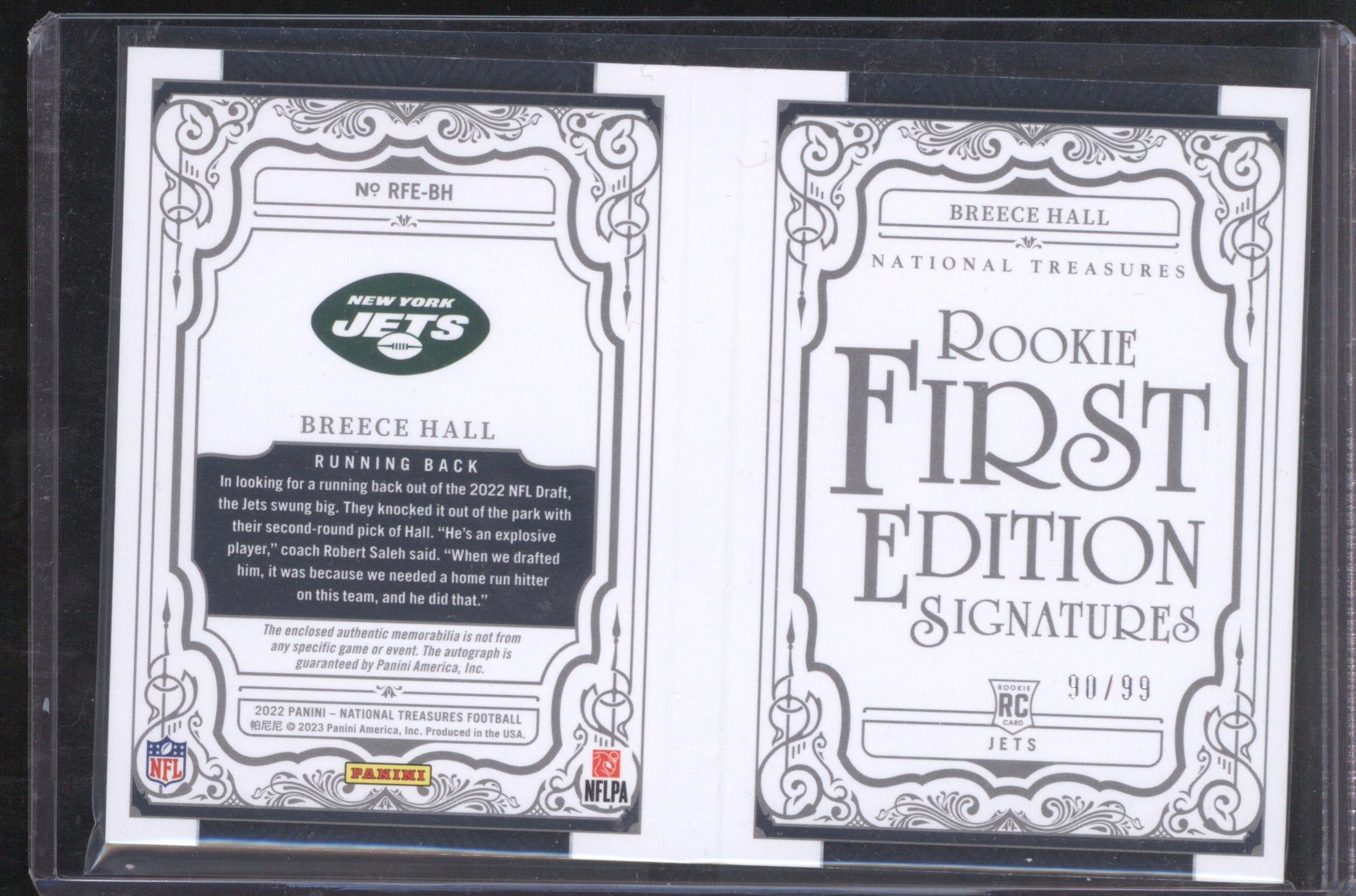 Breece Hall 2022 Panini National Treasures Rookie Patch Autograph #RFE-BH RC /99