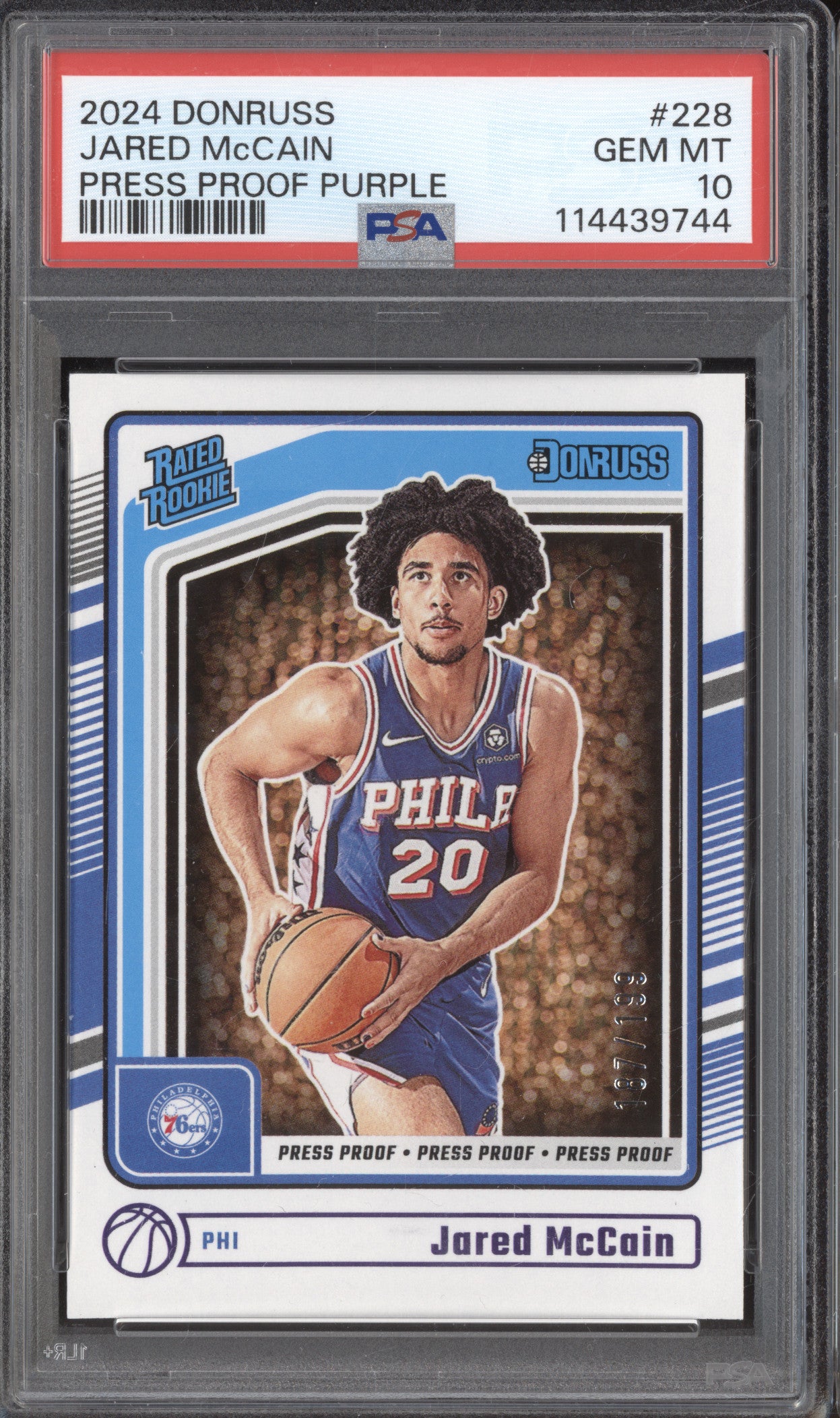 Jared McCain 2024-25 Panini Donruss 228 Press Proof Purple RC 187/199 PSA 10