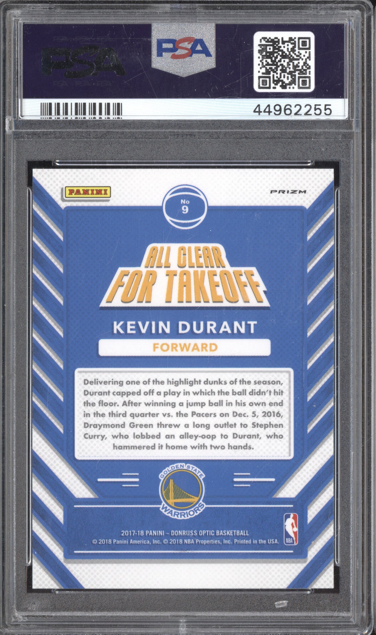 Kevin Durant 2017-18 Panini Donruss Optic 9 All Clear for Takeoff Holo PSA 10