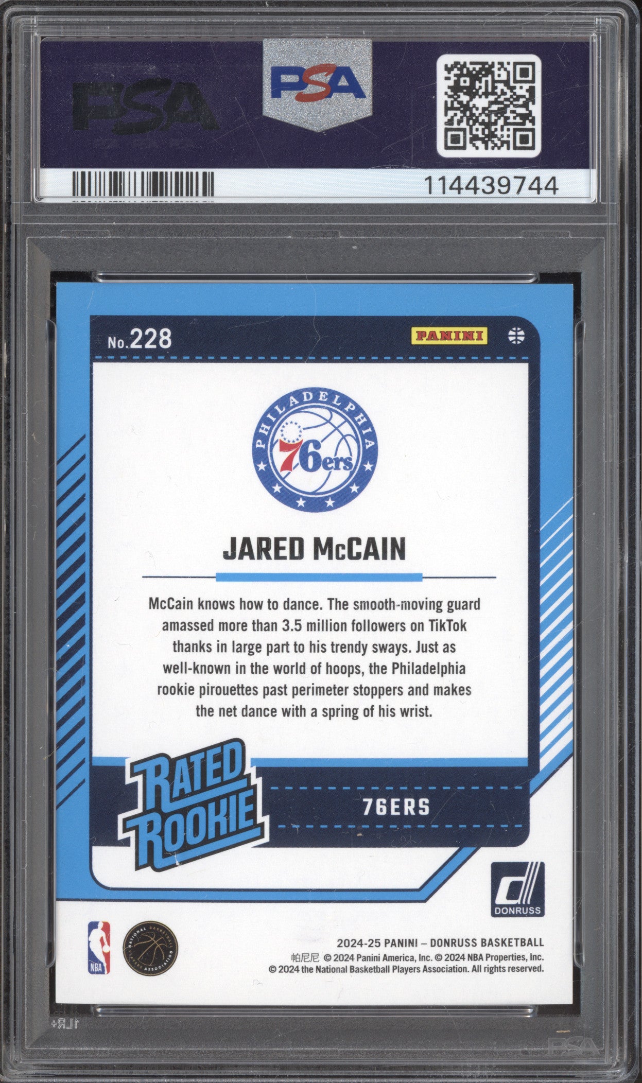 Jared McCain 2024-25 Panini Donruss 228 Press Proof Purple RC 187/199 PSA 10