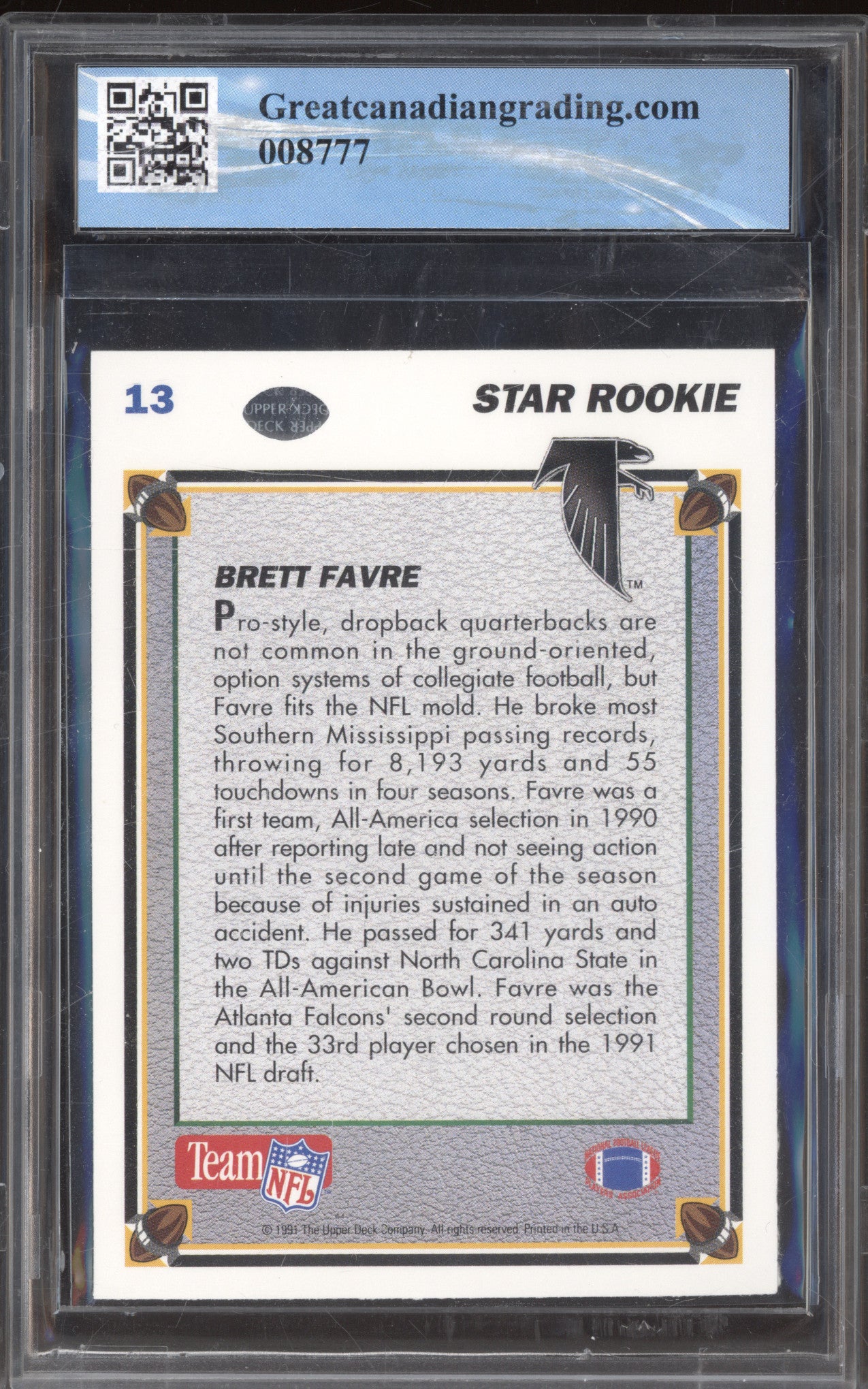 Brett Favre 1991 Upper Deck 13 Star Rookie RC GCG 9