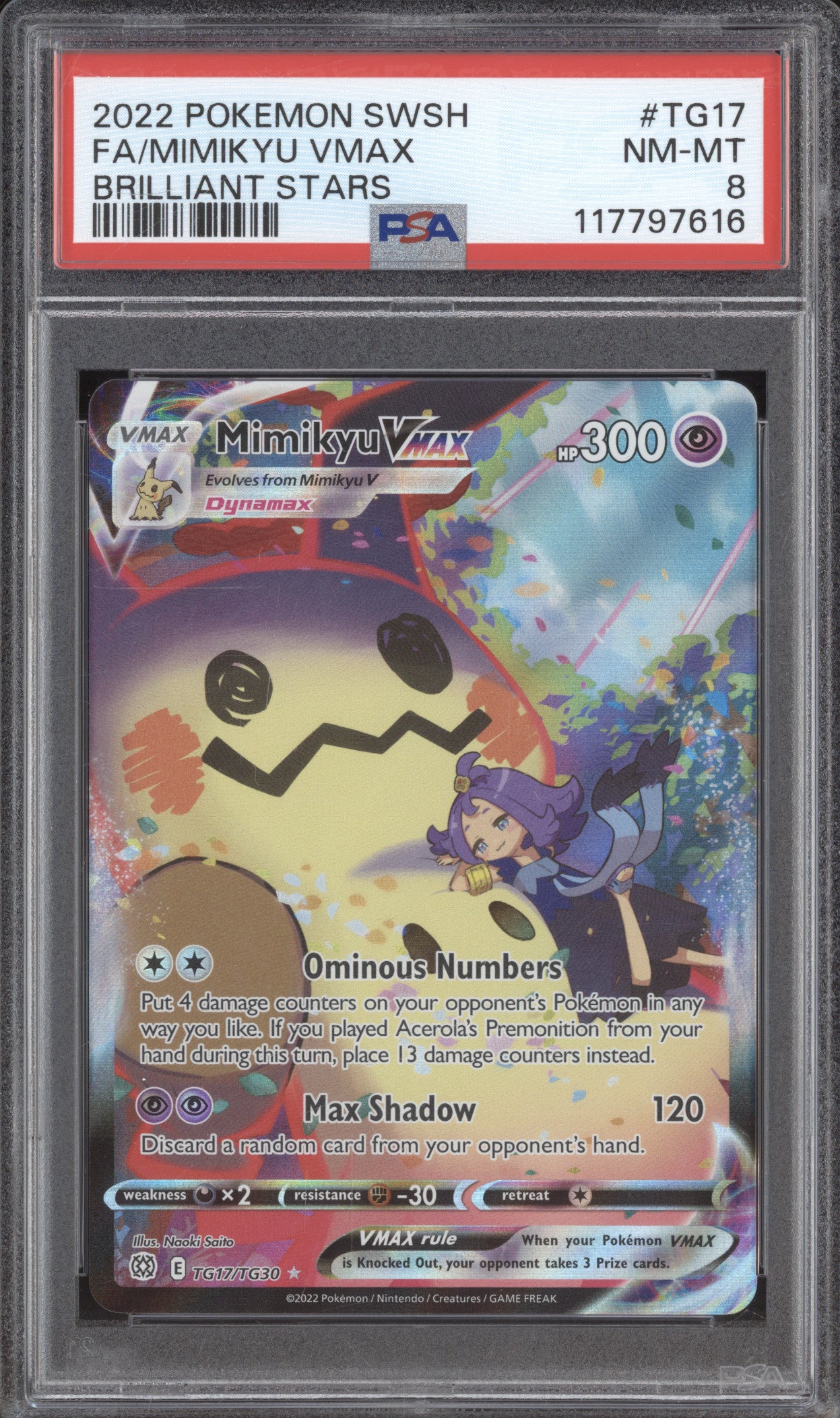 Mimikyu VMax 2022 Pokemon Brilliant Stars TG17/TG30 Full Art PSA 8