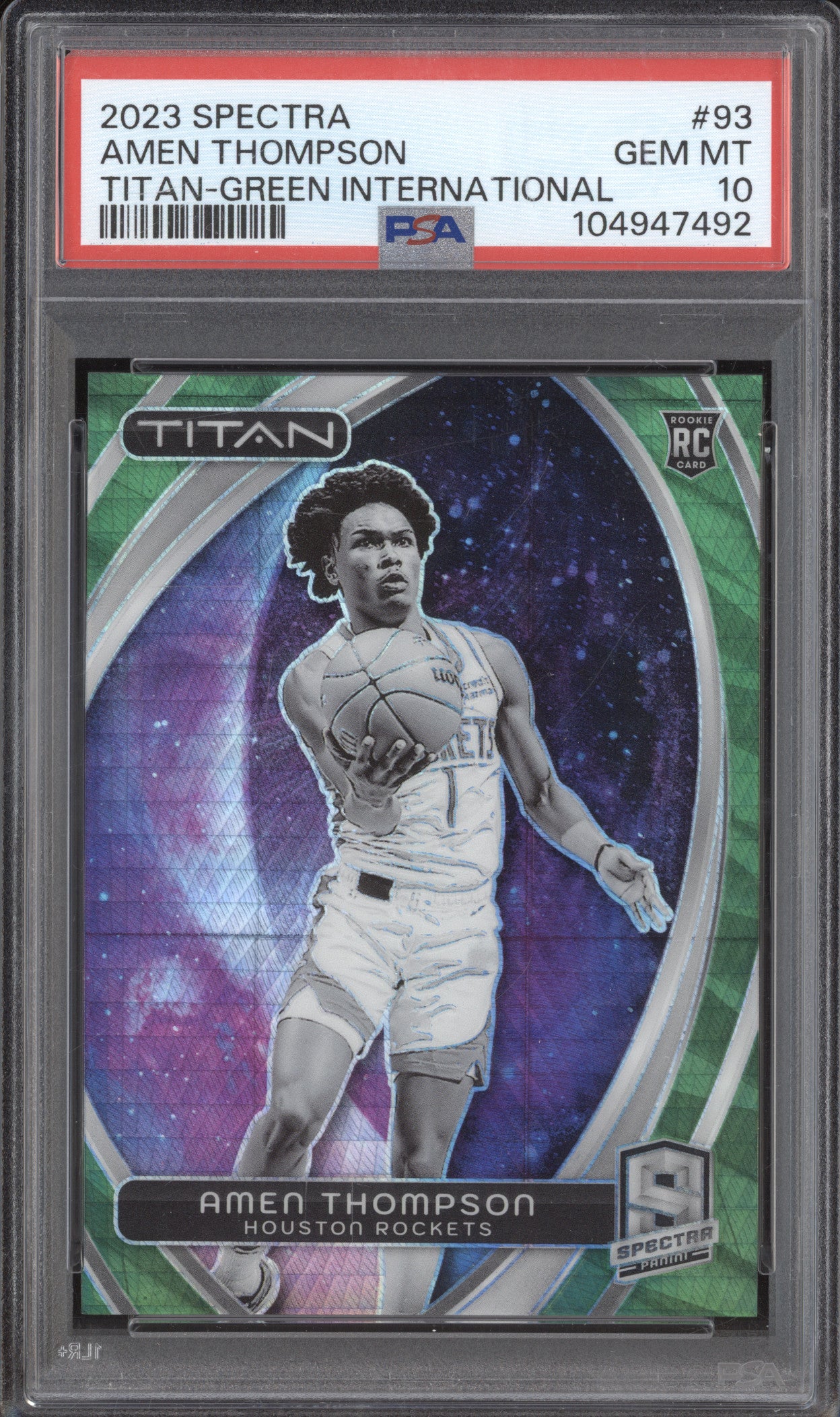 Amen Thompson 2023-24 Panini Spectra 93 Titan Green International RC /75 PSA 10
