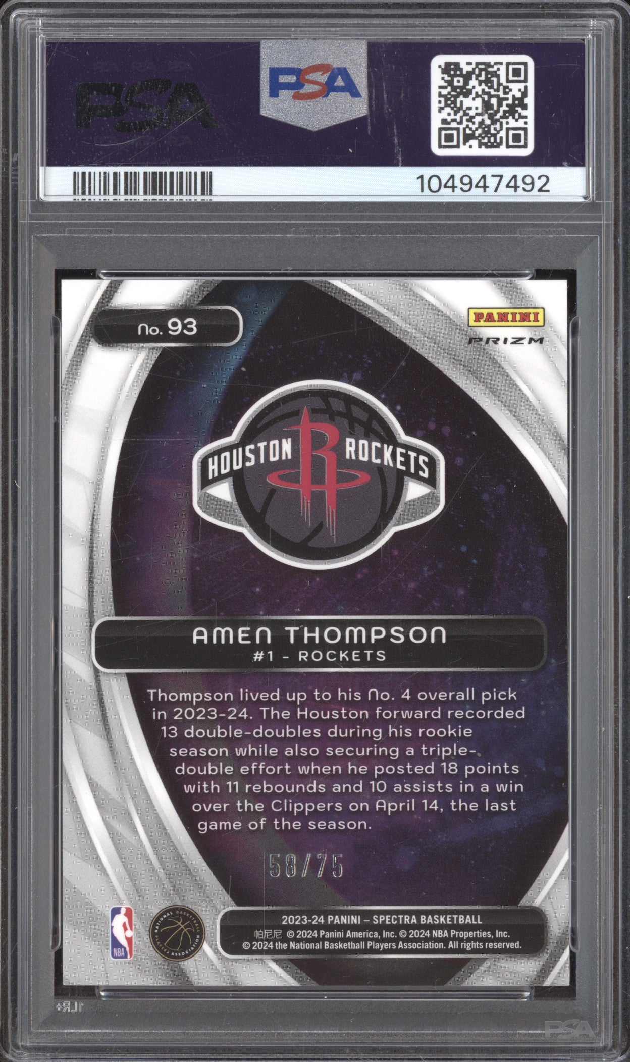Amen Thompson 2023-24 Panini Spectra 93 Titan Green International RC /75 PSA 10