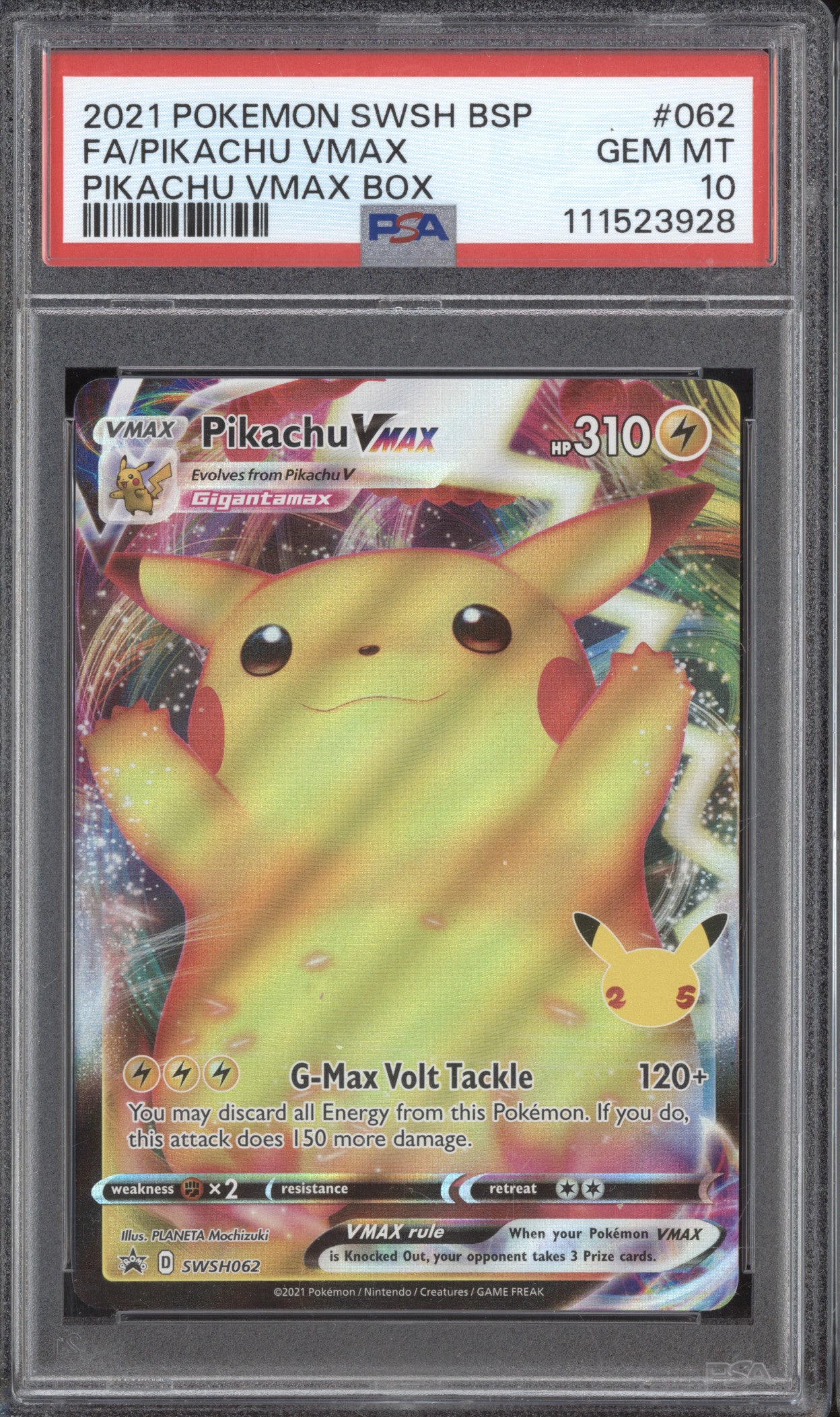 Pikachu VMax 2021 Pokemon Sword & Shield Promos SWSH062 Black Star Promo PSA 10