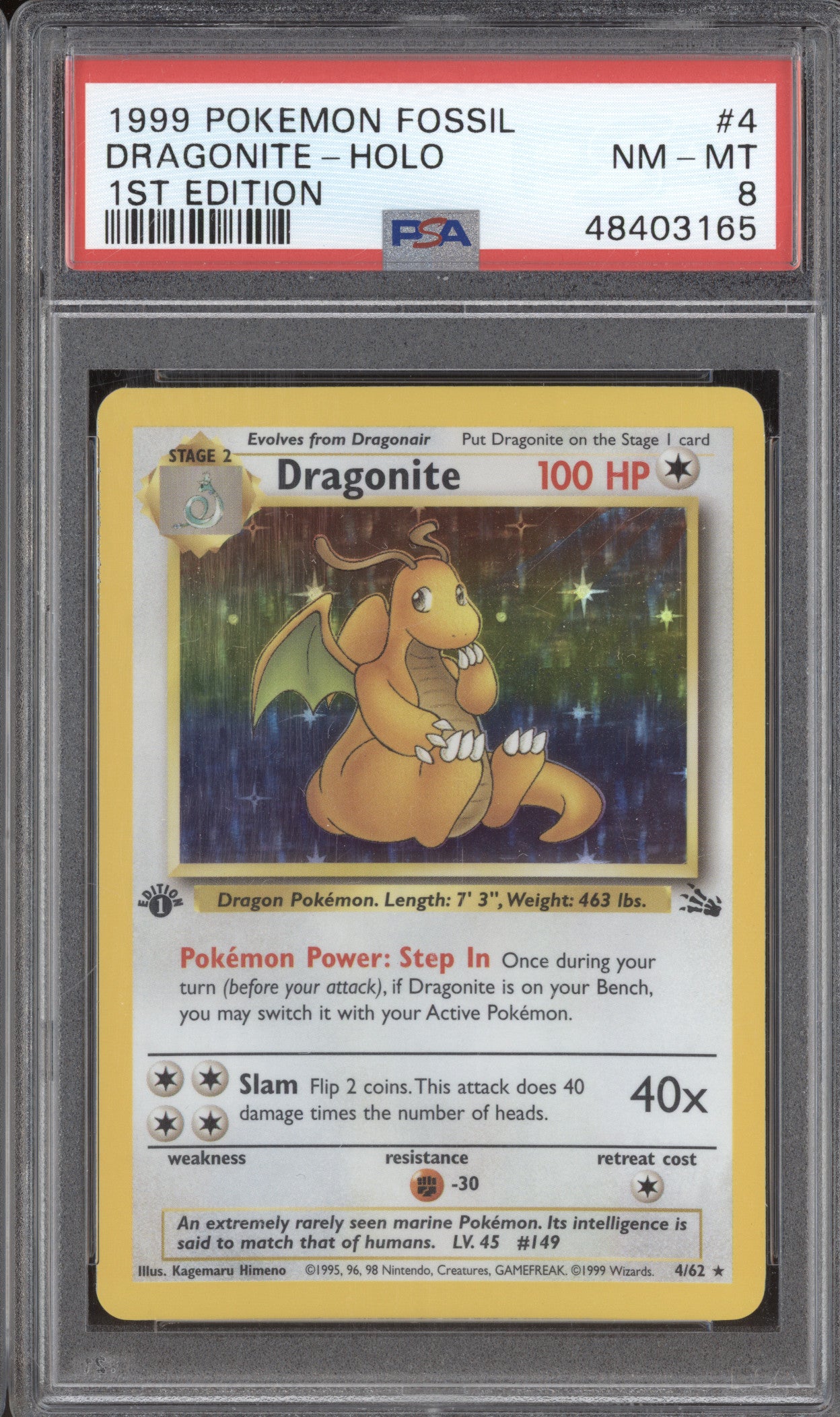 1999 Pokemon Fossil 4 Dragonite 1st Edition Holo PSA 8