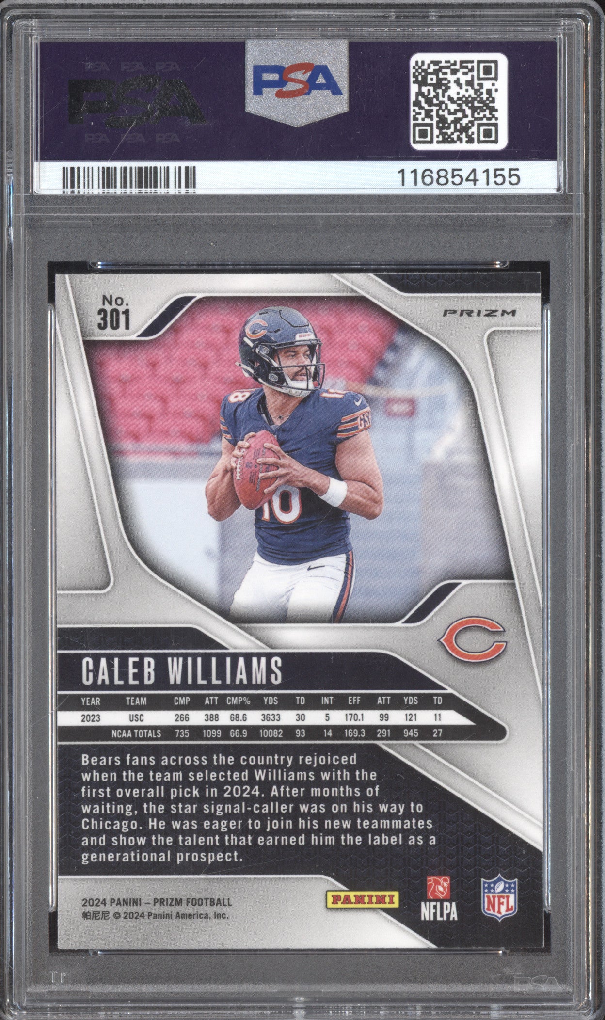 Caleb Williams 2024 Panini Prizm 301 Lazer RC PSA 9
