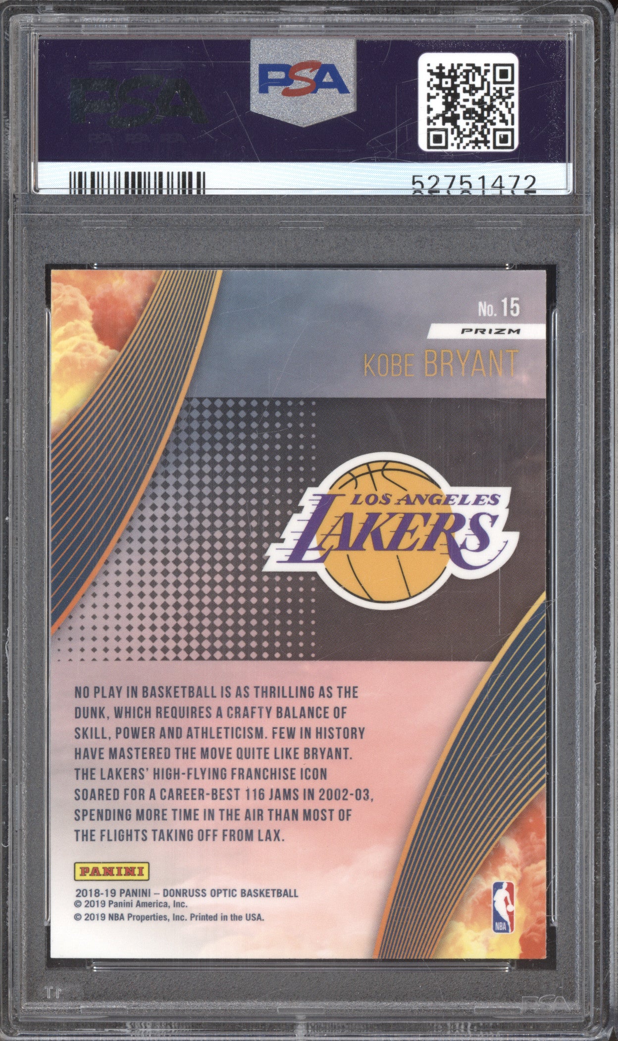 2018 Panini Donruss Optic 15 Kobe Bryant All Clear Takeoff Fast Break PSA 9