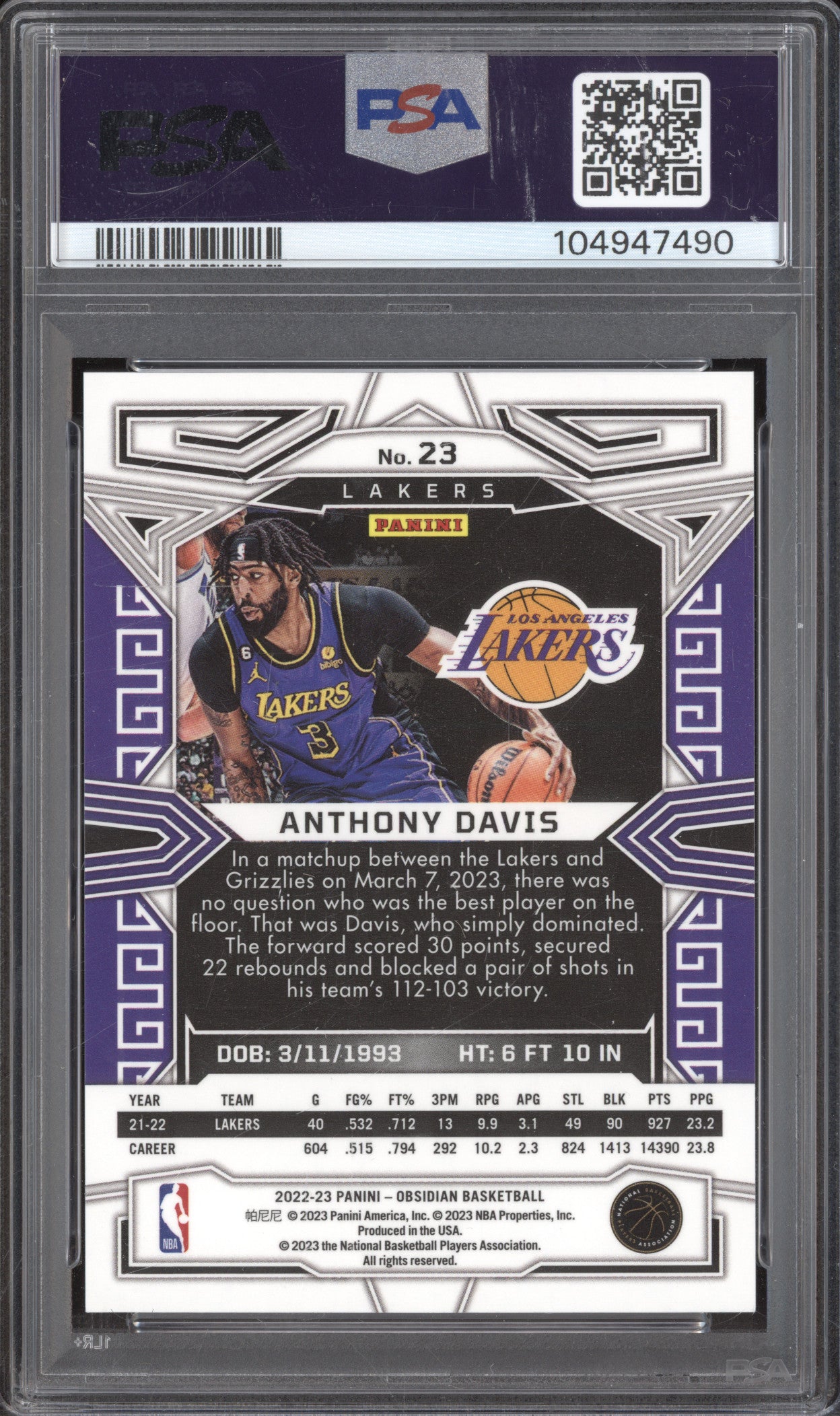 Anthony Davis 2022-23 Panini Obsidian 23 Electric Etch Neon Flood PSA 9
