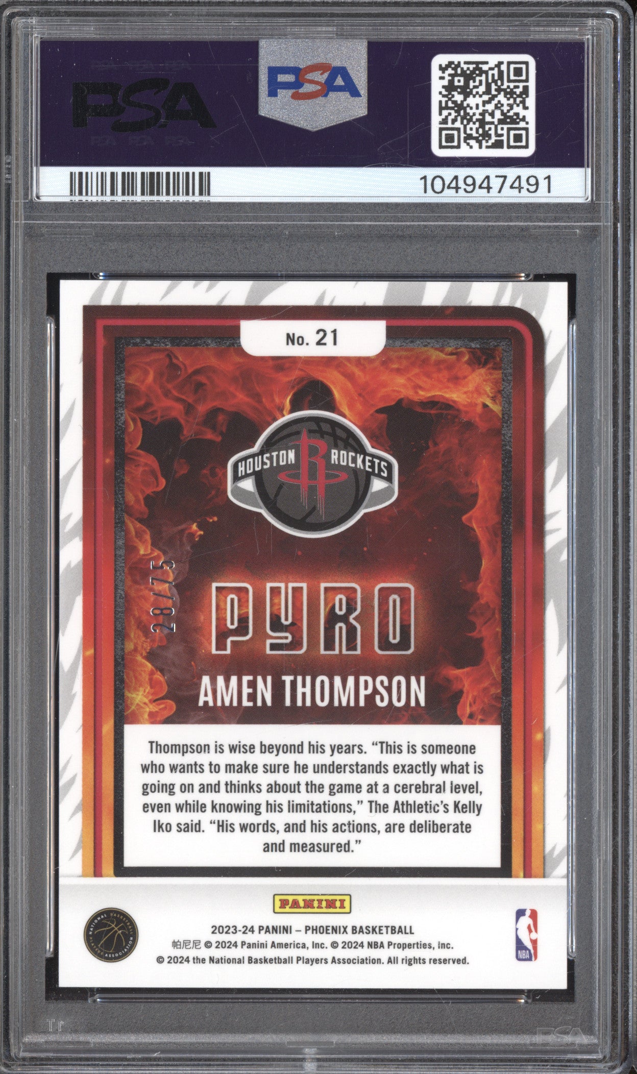 Amen Thompson 2023-24 Panini Phoenix 21 Pyro Red International 28/75 PSA 9