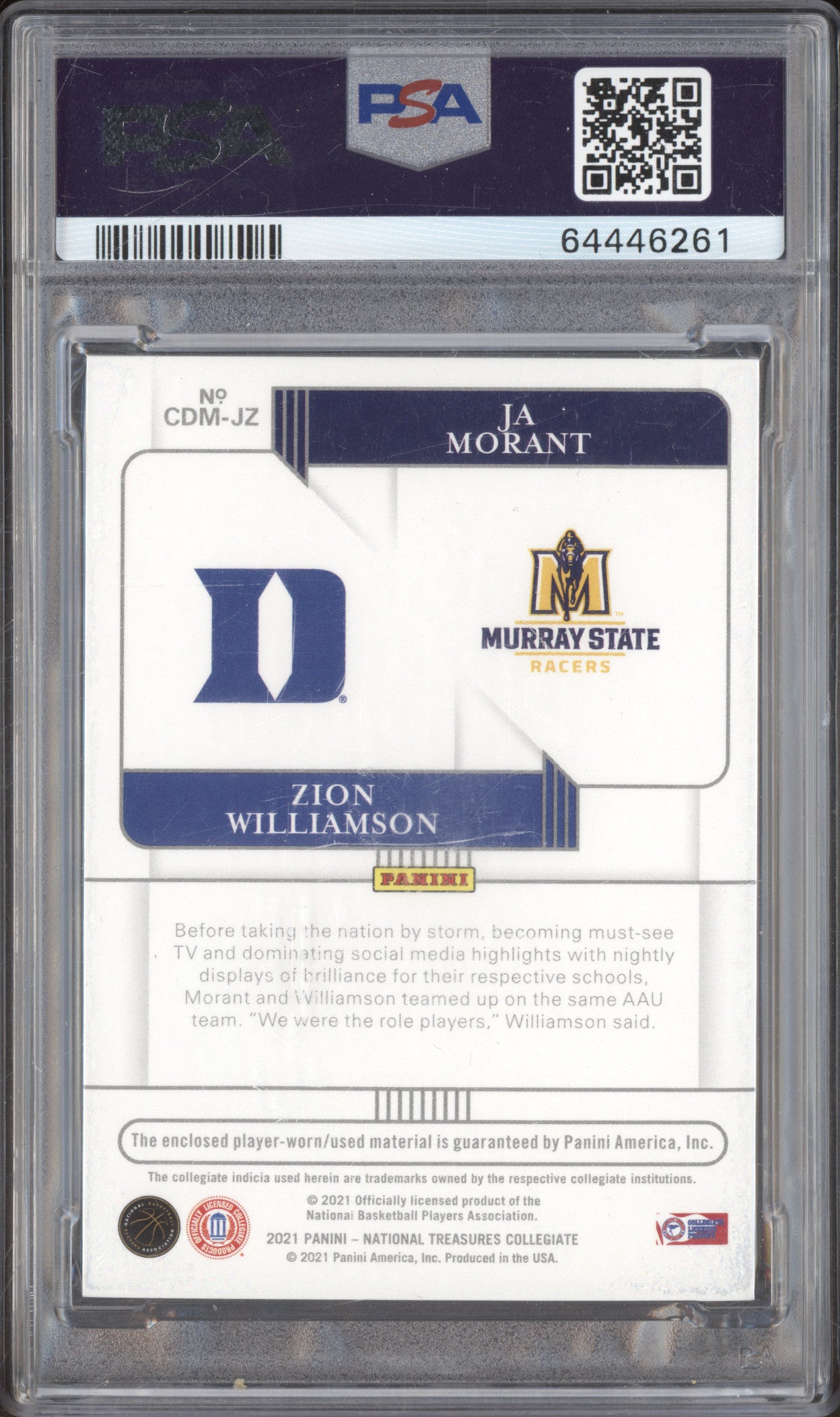 2021 Panini National Treasures JZ Morant & Williamson Dual Materials /5 PSA 10