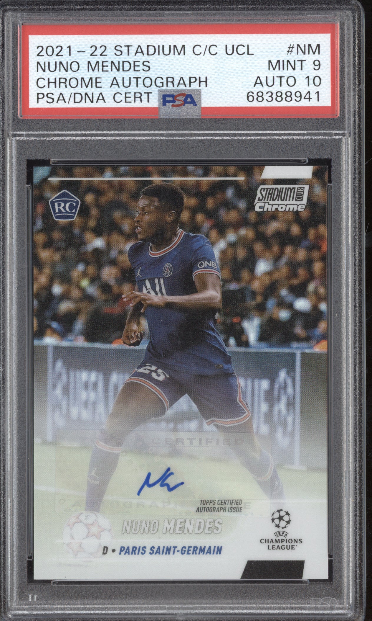 Nuno Mendes 2021-22 Topps Stadium Club Chrome CA-NM Chrome Autograph PSA 9/10