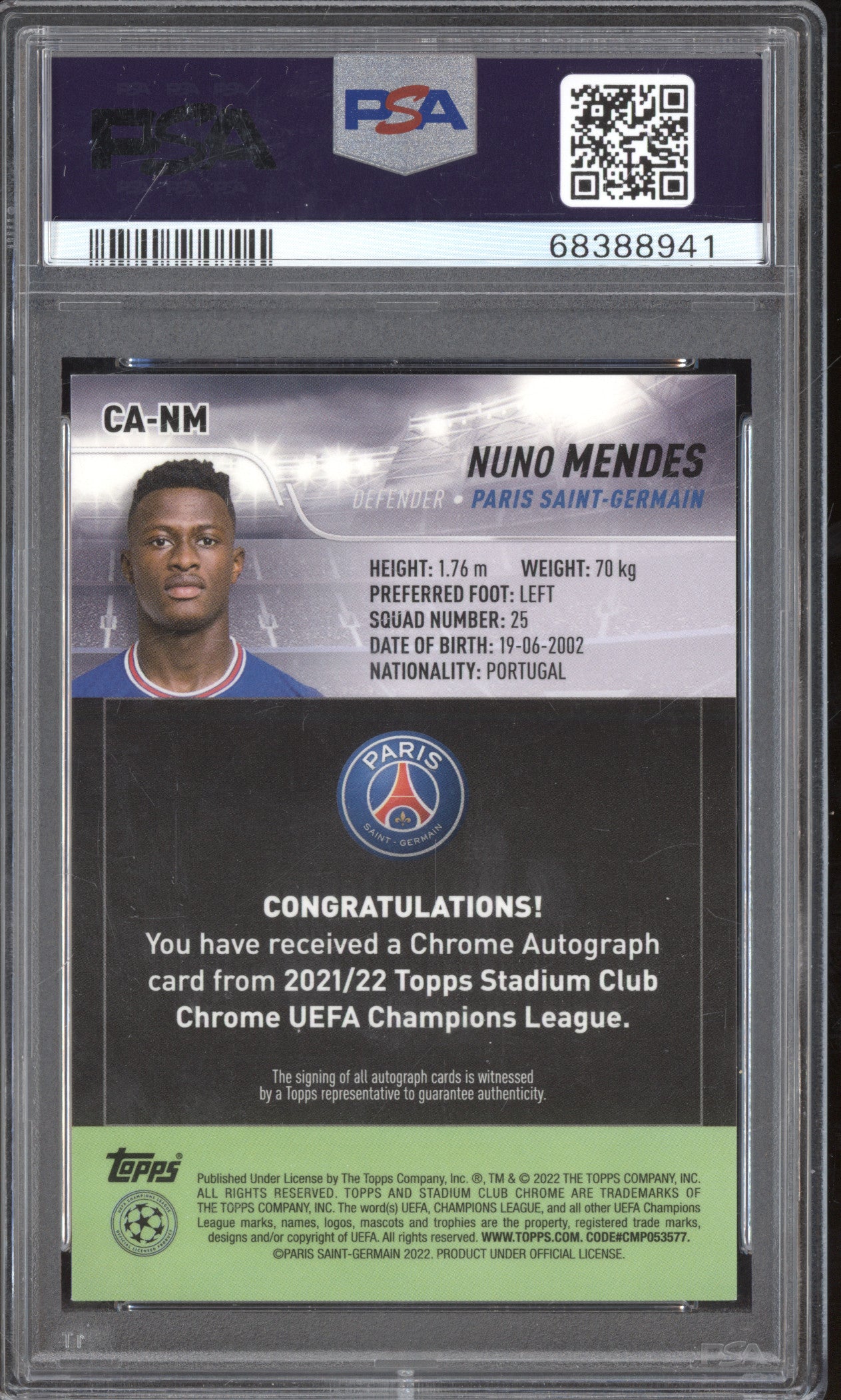 Nuno Mendes 2021-22 Topps Stadium Club Chrome CA-NM Chrome Autograph PSA 9/10