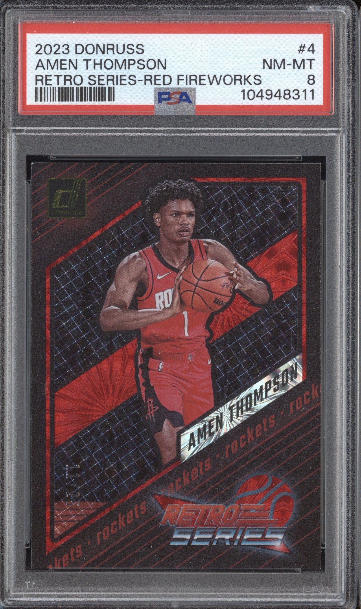 Amen Thompson 2023-24 Panini Donruss 4 Retro Series Red Fireworks RC 11/25 PSA 8